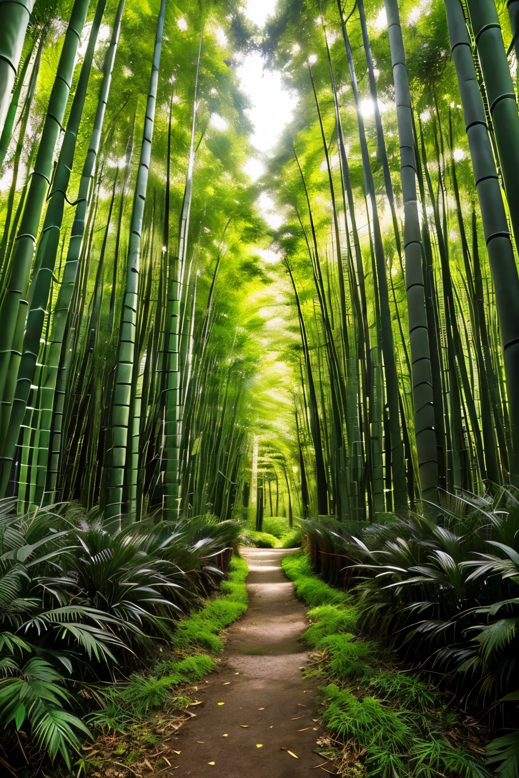 Serene and tranquil green bamboo forest, 16:9 format size, featuring tall, slender bamboo stalks lined up evenly on both sides, creating an enchanting frame for the winding path that leads deeper into the lush foliage. The forest's essence exudes a calming energy, filled with intricate details of the intricately patterned bamboo stems against the lush, vibrant green backdrop. The sunlight filters through the forest canopy, casting a warm, dappled glow over the forest floor, adding an air of mystery and wonder. The high-resolution image showcases the masterpiece in its best quality, with highly detailed textures and sharp