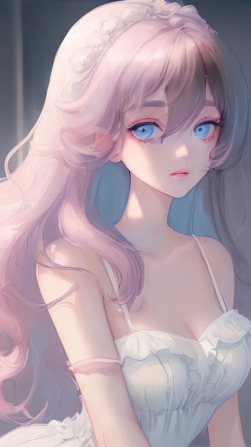 Top quality, very high resolution, beauty 1 female, medium length wavy hair, dark hair, pastel light blue colored eyes, pretty face, fair skin, soft gaze, natural pink lips, looking at the viewer, plain white dress. enjoying the atmosphere. Beautifull princess.
