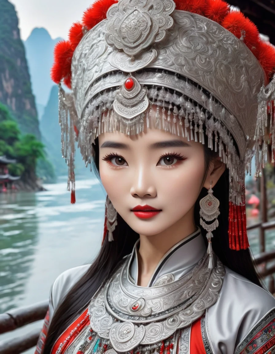 (best quality,8K,masterpiece:1.2),landscape background,Lijiang River mist and rain,Beautiful karst landforms,Astonishing,Inspired by the myths and legends of Guilin, China:Liu Sanjie,Gorgeous Chinese girl,Queen,Detailed skin details,Bright Eyes,Gorgeous eyelashes,Dance alone,looking at the audience,minority:1.5,Silver jewelry:1.2,silver hat crown:1.5,silver tassel:1.37,silver necklace,Silver texture,brilho prata,Upper body,long sleeve,dark ethnic wear,long skirt:1.2,waist,Black and red linen fabric details,Characteristics of Miao costumes,totem)