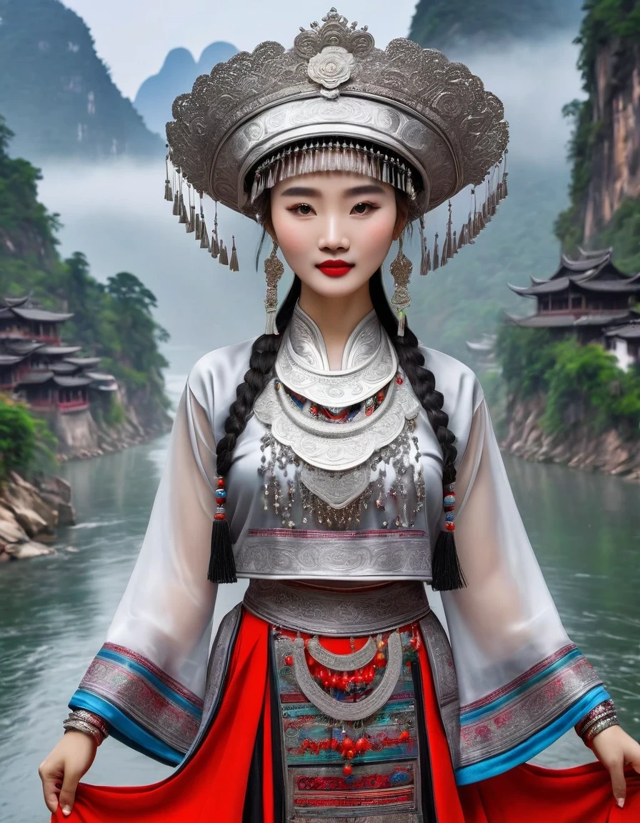(best quality,8K,masterpiece:1.2),landscape background,Lijiang River mist and rain,Beautiful karst landforms,Astonishing,Inspired by the myths and legends of Guilin, China:Liu Sanjie,Gorgeous Chinese girl,Queen,Detailed skin details,Bright Eyes,Gorgeous eyelashes,Dance alone,looking at the audience,minority:1.5,Silver jewelry:1.2,silver hat crown:1.5,silver tassel:1.37,silver necklace,Silver texture,brilho prata,Upper body,long sleeve,dark ethnic wear,long skirt:1.2,waist,Black and red linen fabric details,Characteristics of Miao costumes,totem)