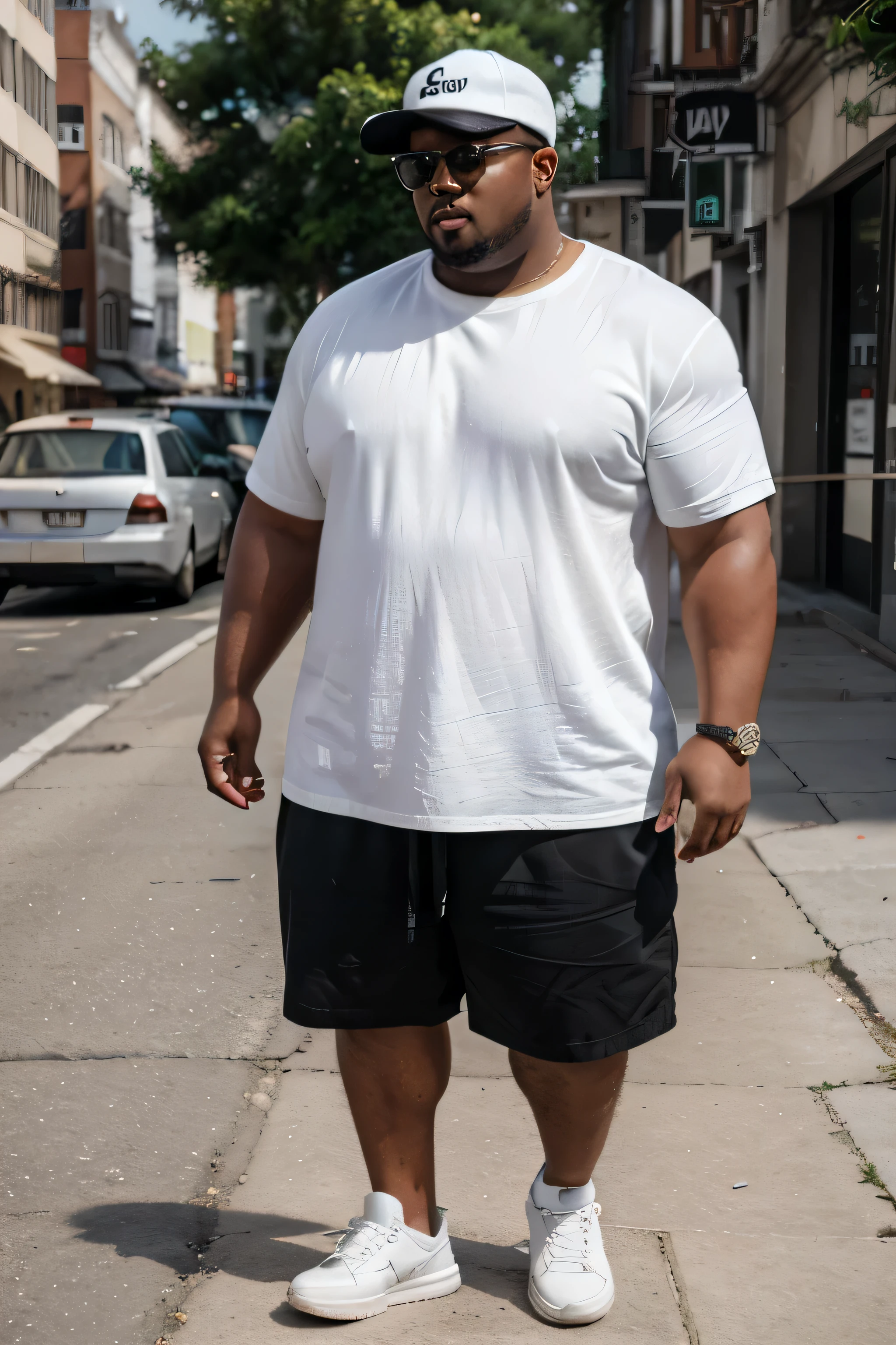 fat american man,High,Strong,Pure white loose T-shirt,full body image,Black person,black hair,short hair,Wear sunglasses,Pure white shorts, white sneakers,street photography background,Wear a hat,With ring