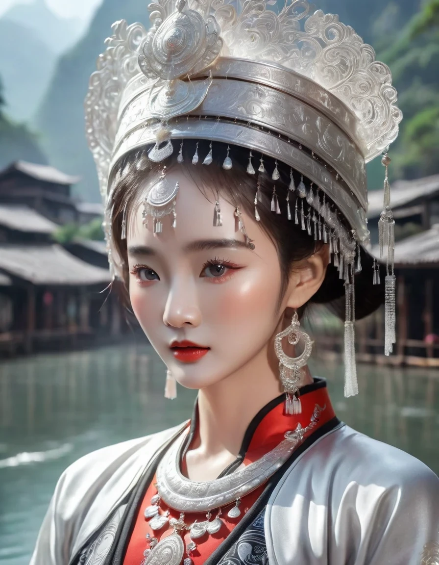 (best quality,8K,masterpiece:1.2),landscape background,Lijiang River mist and rain,Beautiful karst landforms,Astonishing,Inspired by the myths and legends of Guilin, China:Liu Sanjie,Gorgeous Chinese girl,Queen,Detailed skin details,Bright Eyes,Gorgeous eyelashes,Dance alone,looking at the audience,minority:1.5,Silver jewelry:1.2,silver hat crown:1.5,silver tassel:1.37,silver necklace,Silver texture,brilho prata,Upper body,long sleeve,dark ethnic wear,long skirt:1.2,waist,Black and red linen fabric details,Characteristics of Miao costumes,totem)