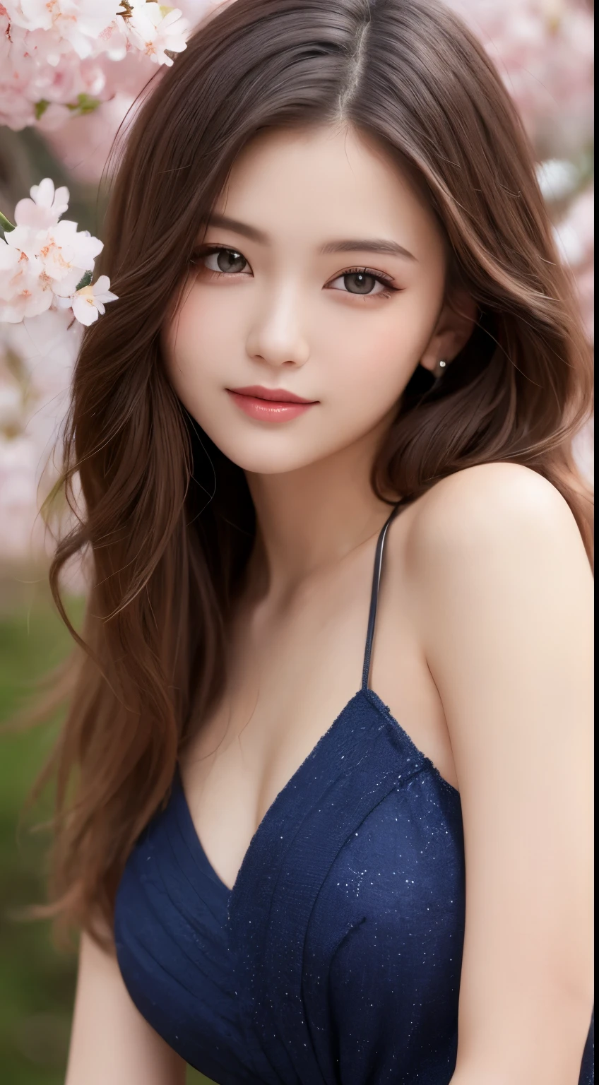 table top, highest quality, figure, Super detailed, finely, High resolution, 8k wallpaper, 完璧なダイナミックな構figure, detailed and beautiful eyes, pink dress,medium hair,  natural color lip,gentle smile,big city、20 year old girl、midnight、beautiful and detailed face、perfect and beautiful face、slim face and style,Big eyes、small face、cherry blossoms、wink