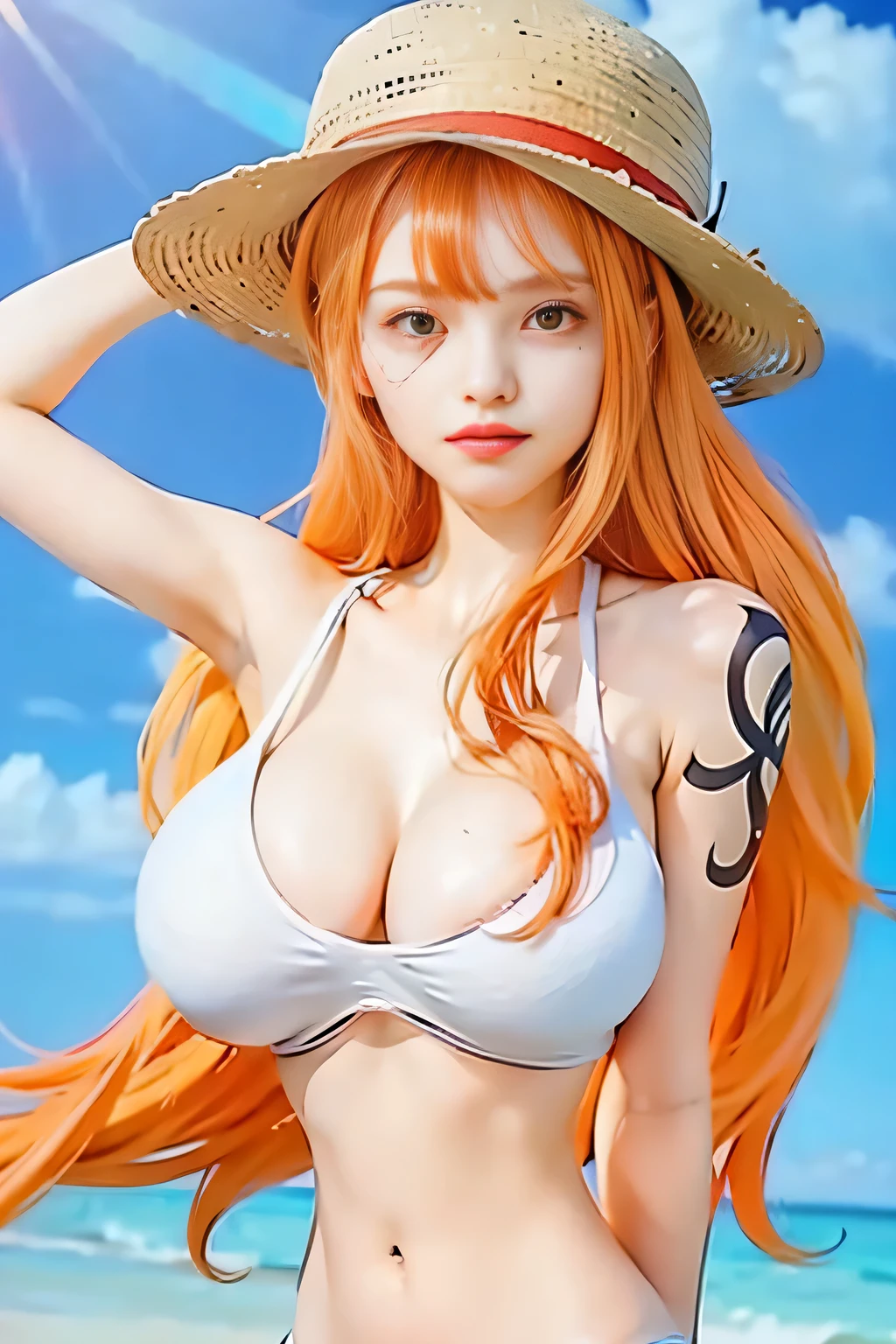 girl with orange hair, big , wearing white top, hat, nami, one piece