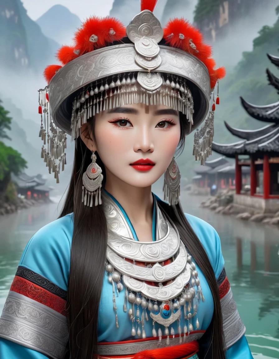 (best quality,8K,masterpiece:1.2),landscape background，Lijiang River mist and rain，Beautiful karst landforms，Astonishing,Inspired by the myths and legends of Guilin, China:Liu Sanjie，Gorgeous Chinese girl,Queen,Detailed skin details,Bright Eyes,Gorgeous eyelashes,Dance alone,looking at the audience,minority:1.5,Silver jewelry:1.2,silver hat crown:1.5,silver tassel:1.37,silver necklace,Silver texture,brilho prata,Upper body,long sleeve,dark ethnic wear,long skirt:1.2,waist,Black and red linen fabric details,Characteristics of Miao costumes,totem)
