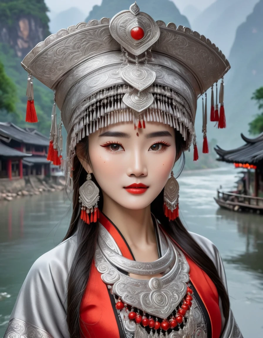 (best quality,8K,masterpiece:1.2),landscape background,Lijiang River mist and rain,Beautiful karst landforms,Astonishing,Inspired by the myths and legends of Guilin, China:Liu Sanjie,Gorgeous Chinese girl,Queen,Detailed skin details,Bright Eyes,Gorgeous eyelashes,Dance alone,looking at the audience,minority:1.5,Silver jewelry:1.2,silver hat crown:1.5,silver tassel:1.37,silver necklace,Silver texture,brilho prata,Upper body,long sleeve,dark ethnic wear,long skirt:1.2,waist,Black and red linen fabric details,Characteristics of Miao costumes,totem)