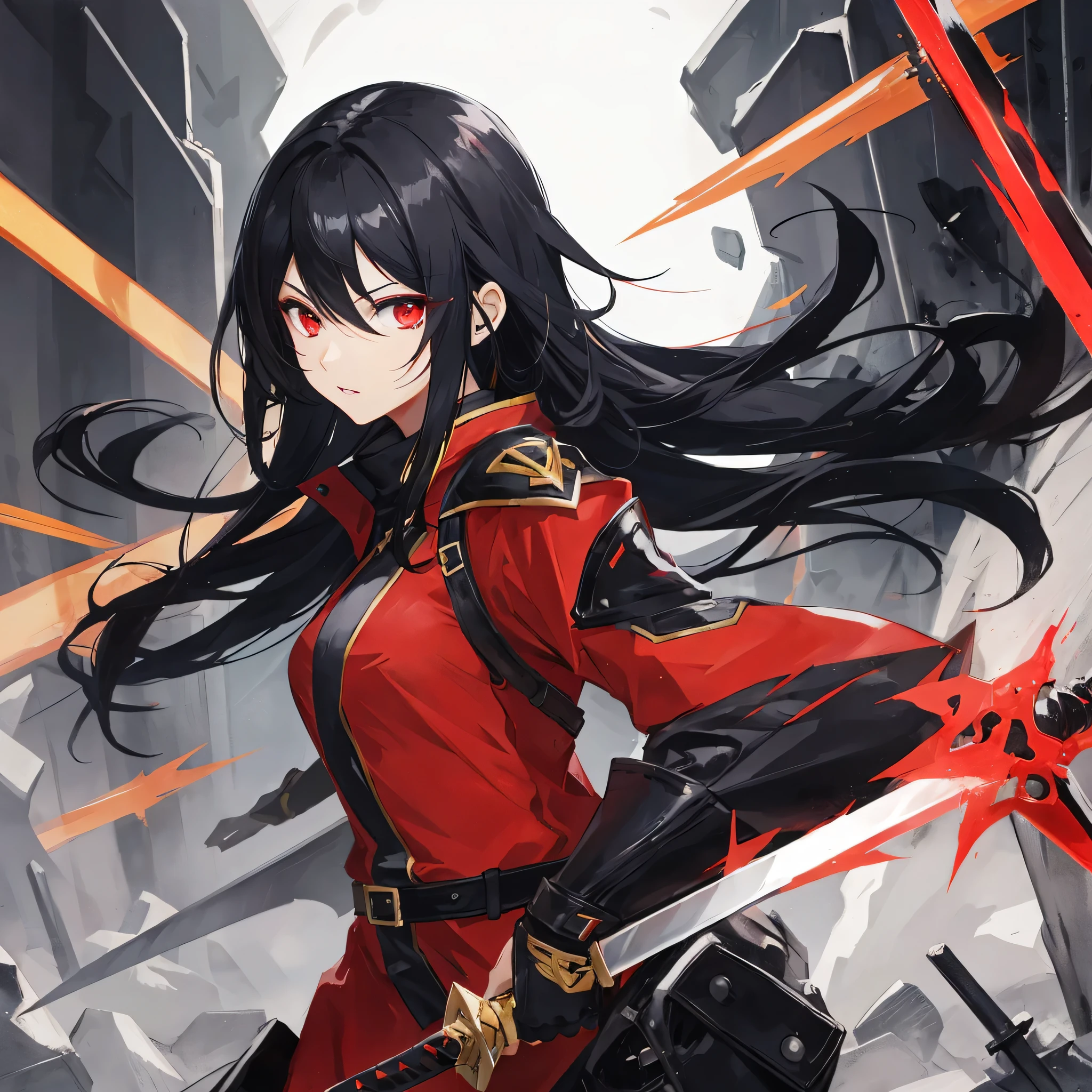 female, black hair, red eyes, use yellow sword thunder