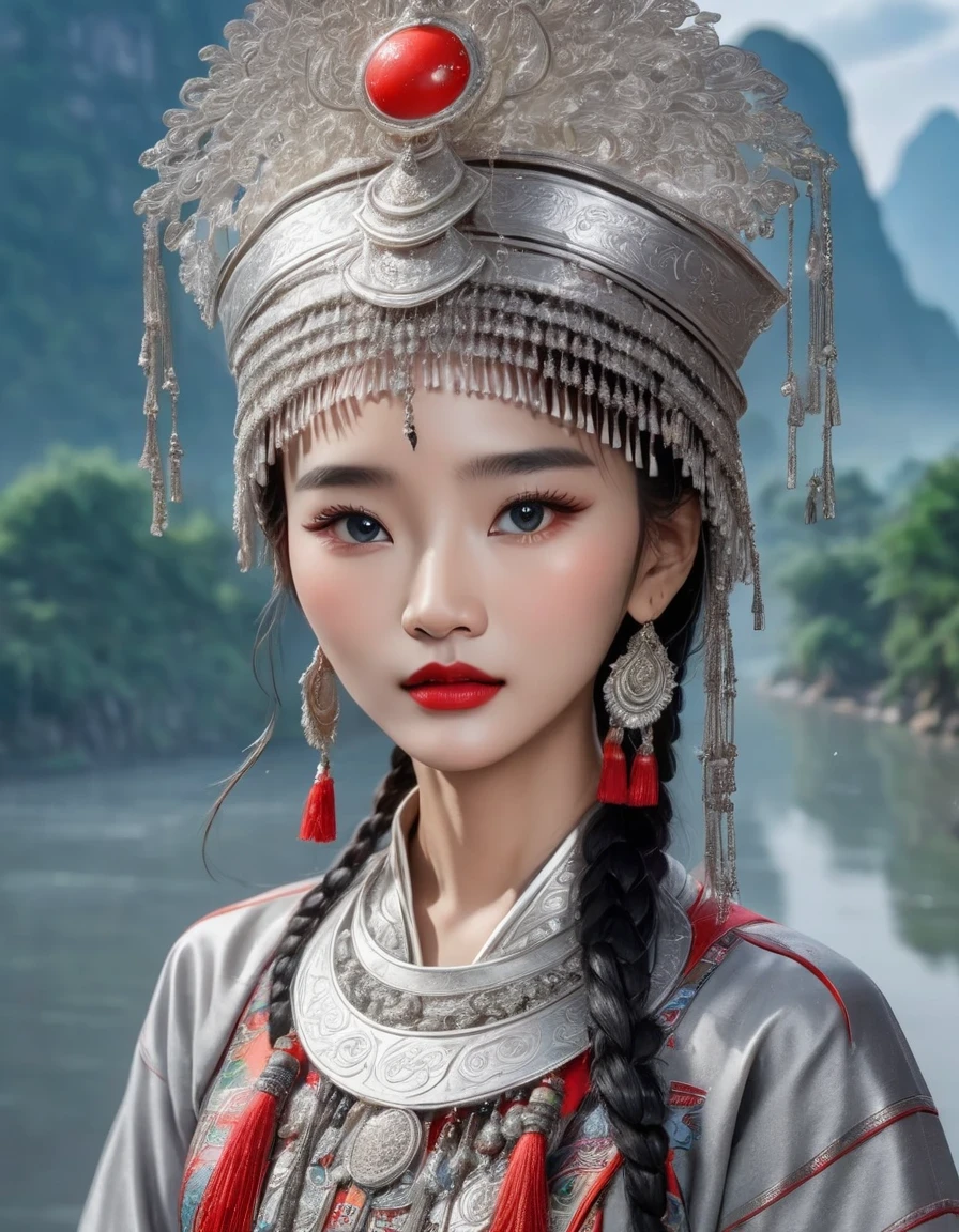 (best quality,8K,masterpiece:1.2),landscape background，Lijiang River mist and rain，Beautiful karst landforms，Astonishing,Inspired by the myths and legends of Guilin, China:Liu Sanjie，Gorgeous Chinese girl,Queen,Detailed skin details,Bright Eyes,Gorgeous eyelashes,Dance alone,looking at the audience,minority:1.5,Silver jewelry:1.2,silver hat crown:1.5,silver tassel:1.37,silver necklace,Silver texture,brilho prata,Upper body,long sleeve,dark ethnic wear,long skirt:1.2,waist,Black and red linen fabric details,Characteristics of Miao costumes,totem)