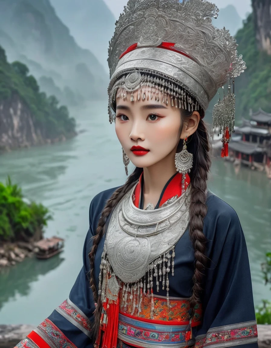 (best quality,8K,masterpiece:1.2),landscape background,Lijiang River mist and rain,Beautiful karst landforms,Astonishing,Inspired by the myths and legends of Guilin, China:Liu Sanjie,Gorgeous Chinese girl,Queen,Detailed skin details,Bright Eyes,Gorgeous eyelashes,Dance alone,looking at the audience,minority:1.5,Silver jewelry:1.2,silver hat crown:1.5,silver tassel:1.37,silver necklace,Silver texture,brilho prata,Upper body,long sleeve,dark ethnic wear,long skirt:1.2,waist,Black and red linen fabric details,Characteristics of Miao costumes,totem)
