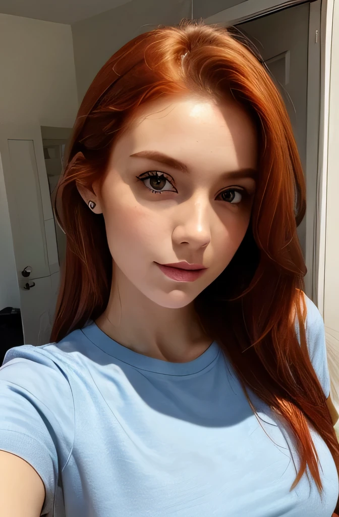 ((best quality)), ((masterpiece)), (detailed), perfect face, perfect body redhead looking at the camera, phone photo, amateur style