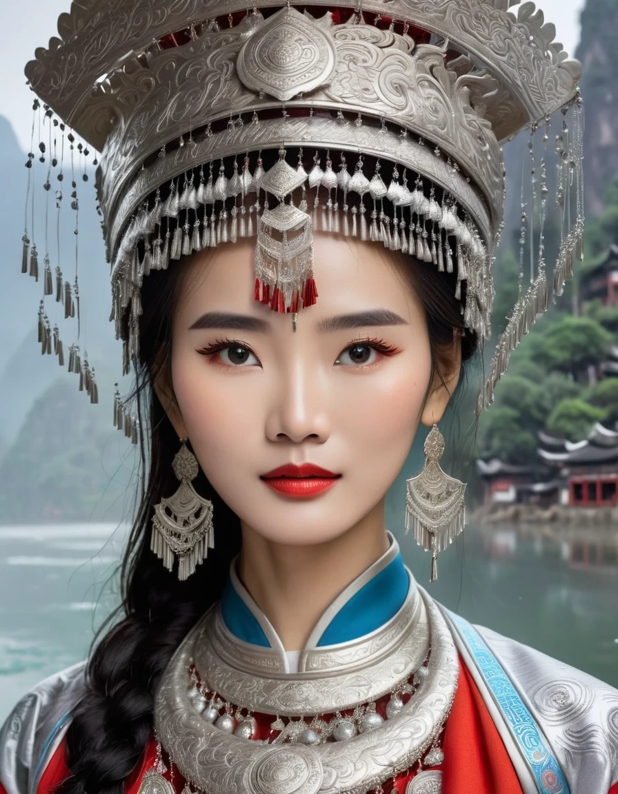 (best quality,8K,masterpiece:1.2),landscape background，Lijiang River mist and rain，Beautiful karst landforms，Astonishing,Inspired by the myths and legends of Guilin, China:Liu Sanjie，Gorgeous Chinese girl,Queen,Detailed skin details,Bright Eyes,Gorgeous eyelashes,Dance alone,looking at the audience,minority:1.5,Silver jewelry:1.2,silver hat crown:1.5,silver tassel:1.37,silver necklace,Silver texture,brilho prata,Upper body,long sleeve,dark ethnic wear,long skirt:1.2,waist,Black and red linen fabric details,Characteristics of Miao costumes,totem)