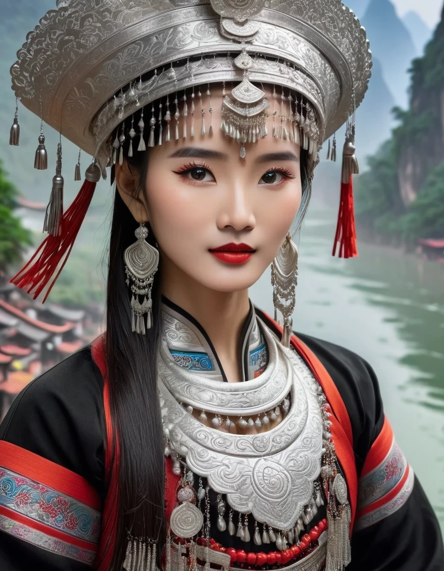 (best quality,8K,masterpiece:1.2),landscape background，Lijiang River mist and rain，Beautiful karst landforms，Astonishing,Inspired by the myths and legends of Guilin, China:Liu Sanjie，Gorgeous Chinese girl,Queen,Detailed skin details,Bright Eyes,Gorgeous eyelashes,Dance alone,looking at the audience,minority:1.5,Silver jewelry:1.2,silver hat crown:1.5,silver tassel:1.37,silver necklace,Silver texture,brilho prata,Upper body,long sleeve,dark ethnic wear,long skirt:1.2,waist,Black and red linen fabric details,Characteristics of Miao costumes,totem)