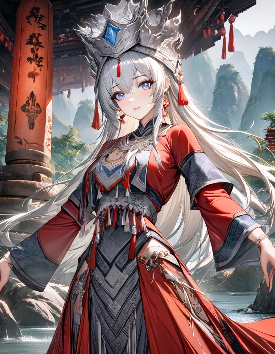 (best quality,8K,masterpiece:1.2),landscape background,Lijiang River mist and rain,Beautiful karst landforms,Astonishing,Inspired by the myths and legends of Guilin, China:Liu Sanjie,Gorgeous Chinese girl,Queen,Detailed skin details,Bright Eyes,Gorgeous eyelashes,Dance alone,looking at the audience,minority:1.5,Silver jewelry:1.2,silver hat crown:1.5,silver tassel:1.37,silver necklace,Silver texture,brilho prata,Upper body,long sleeve,dark ethnic wear,long skirt:1.2,waist,Black and red linen fabric details,Characteristics of Miao costumes,totem)