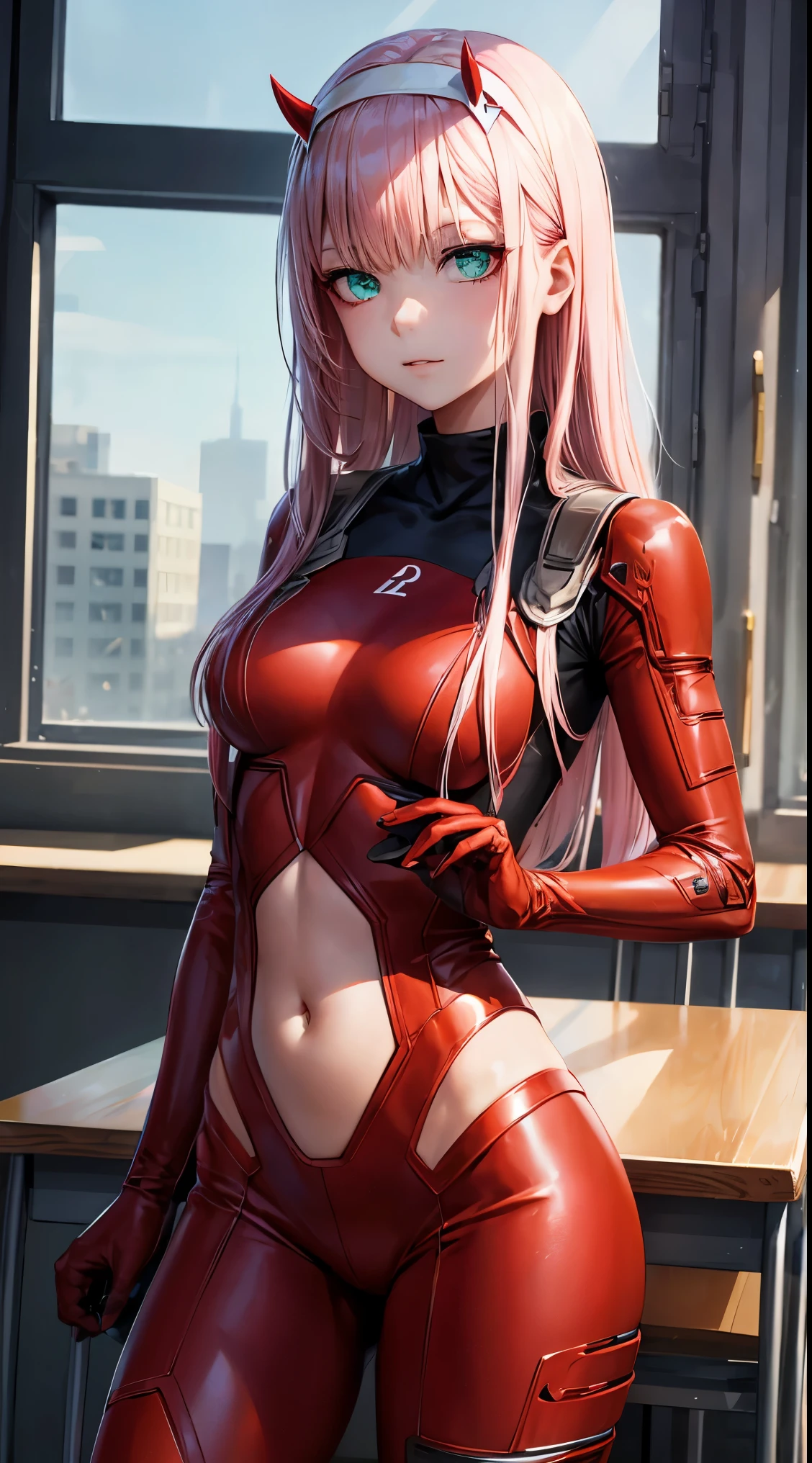 zerotwo, zero two, (green eyes:1.5), hairband, horns, long hair, pink hair, red horns, white hairband,
BREAK bodysuit, covered navel, pilot suit, red bodysuit, science fiction,
BREAK indoors, classroom,
BREAK looking at viewer, BREAK (masterpiece:1.2), best quality, high resolution, unity 8k wallpaper, (illustration:0.8), (beautiful detailed eyes:1.6), extremely detailed face, perfect lighting, extremely detailed CG, (perfect hands, perfect anatomy),