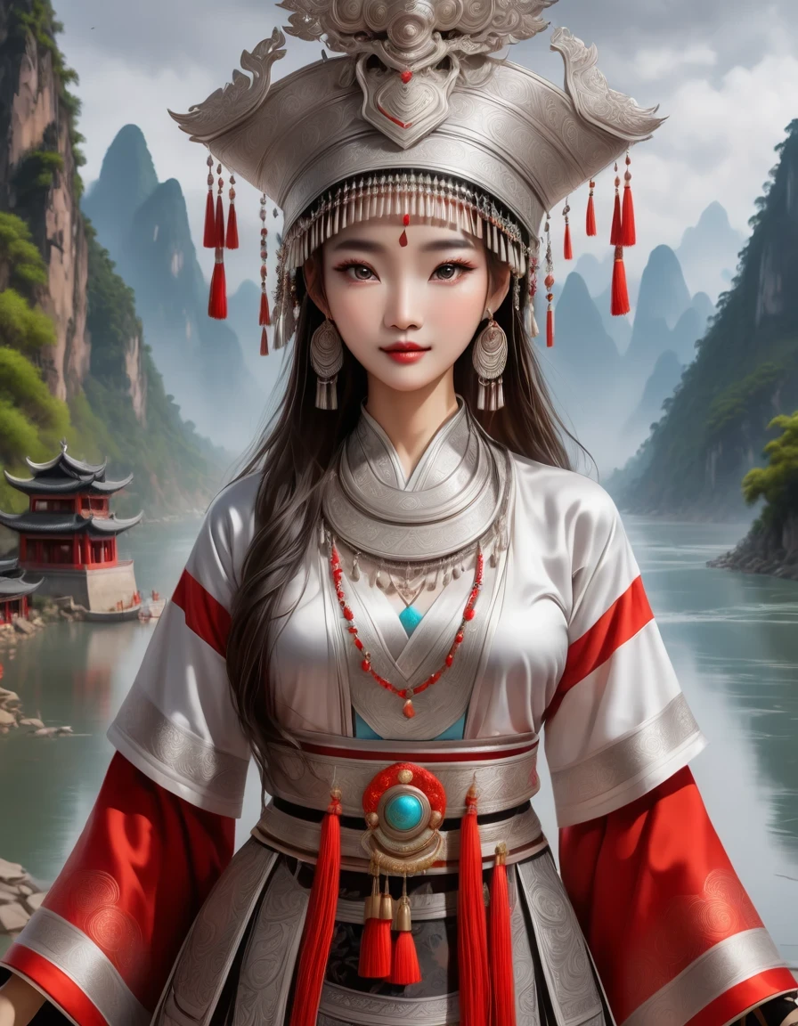 (best quality,8K,masterpiece:1.2),landscape background，Lijiang River mist and rain，Beautiful karst landforms，Astonishing,Inspired by the myths and legends of Guilin, China:Liu Sanjie，Gorgeous Chinese girl,Queen,Detailed skin details,Bright Eyes,Gorgeous eyelashes,Dance alone,looking at the audience,minority:1.5,Silver jewelry:1.2,silver hat crown:1.5,silver tassel:1.37,silver necklace,Silver texture,brilho prata,Upper body,long sleeve,dark ethnic wear,long skirt:1.2,waist,Black and red linen fabric details,Characteristics of Miao costumes,totem)