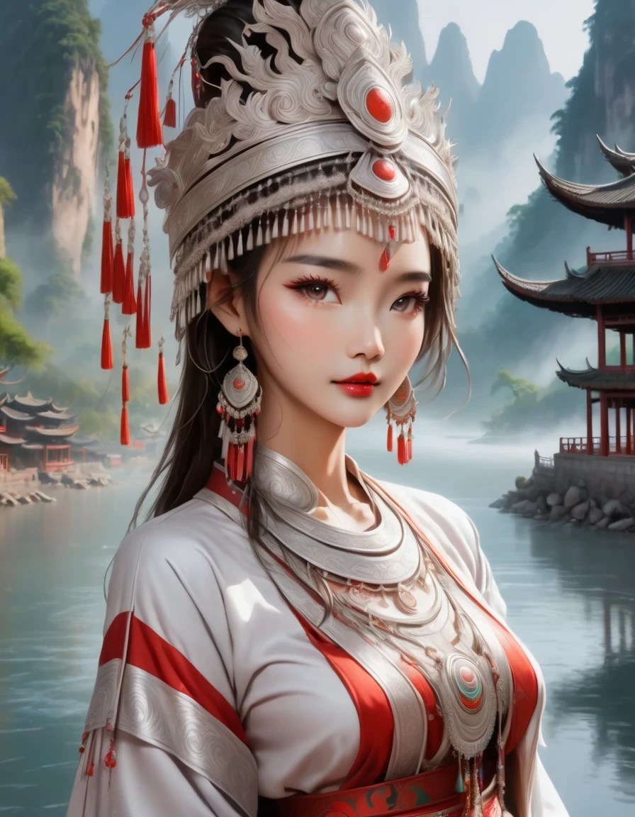 (best quality,8K,masterpiece:1.2),landscape background，Lijiang River mist and rain，Beautiful karst landforms，Astonishing,Inspired by the myths and legends of Guilin, China:Liu Sanjie，Gorgeous Chinese girl,Queen,Detailed skin details,Bright Eyes,Gorgeous eyelashes,Dance alone,looking at the audience,minority:1.5,Silver jewelry:1.2,silver hat crown:1.5,silver tassel:1.37,silver necklace,Silver texture,brilho prata,Upper body,long sleeve,dark ethnic wear,long skirt:1.2,waist,Black and red linen fabric details,Characteristics of Miao costumes,totem)