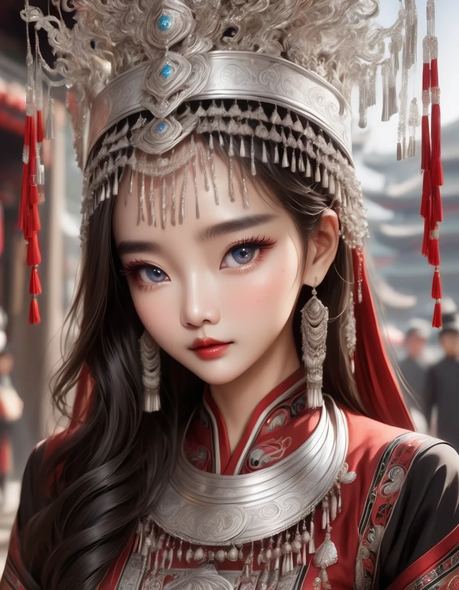 (best quality,8K,masterpiece:1.2),Astonishing,Gorgeous Chinese girl,Queen,Detailed skin details,Bright Eyes,Gorgeous eyelashes,standing alone,looking at the audience,minority:1.5,Silver jewelry:1.2,silver hat crown:1.5,silver tassel:1.37,silver necklace,Silver texture,brilho prata,Upper body,long sleeve,dark ethnic wear,long skirt:1.2,waist,Black and red linen fabric details,Characteristics of Miao costumes,totem)
