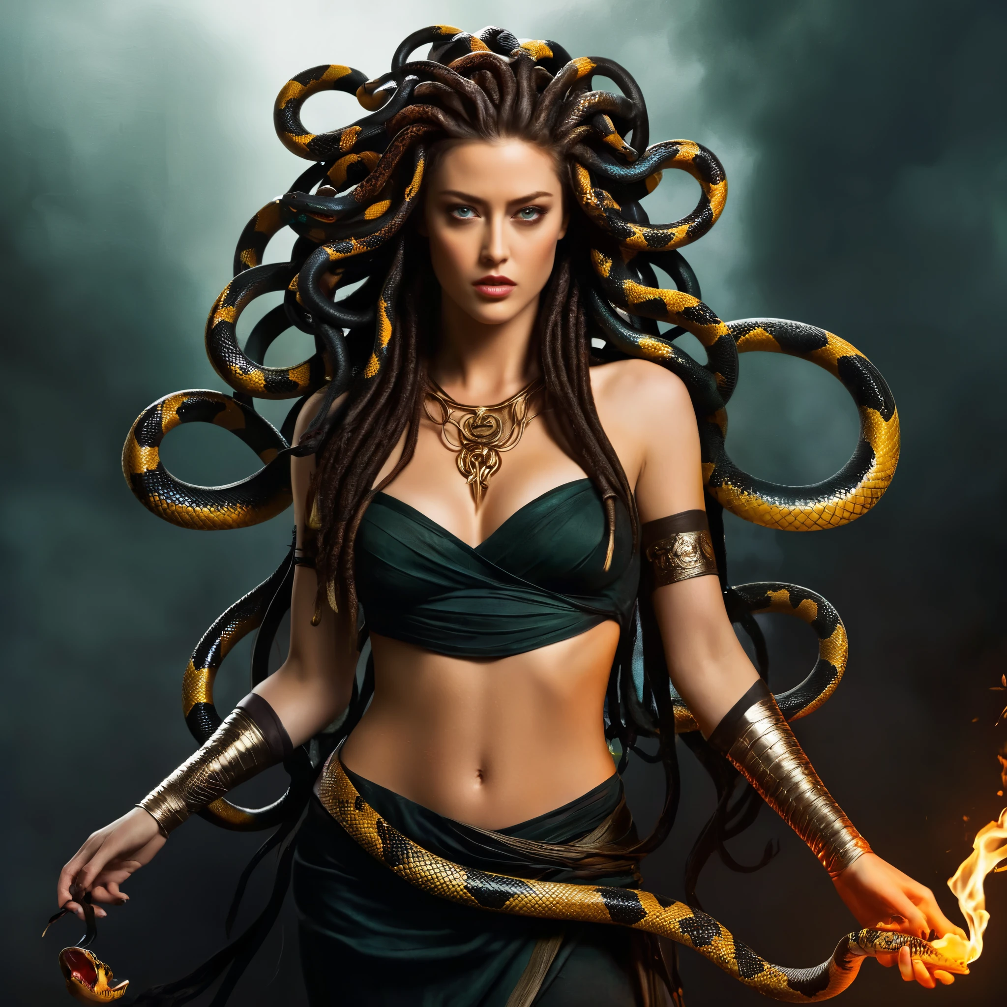 Looks like Amber Heard, fierce looks, fiery and glowing eyes, Dark Fantasy Art of  Medusa a woman with snake dreads holding a snake In Greek mythology, Medusa, also called Gorgo,  a human female with living venomous snakes in place of hair, dark, moody, dark fantasy style