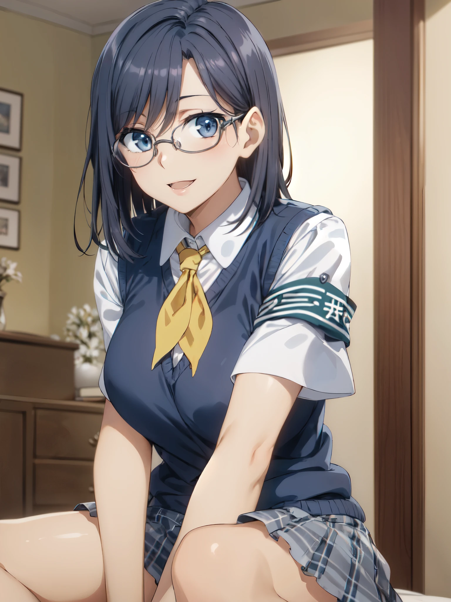 masterpiece, highest quality, High resolution, morning, short hair, black hair, blue eyes, Glasses, , yellow neckerchief, collared shirt, sweater vest, (Blue Vest:1.2), short sleeve, armband, plaid skirt, gray skirt, indoors, sitting, smile, open your mouth, wave hands