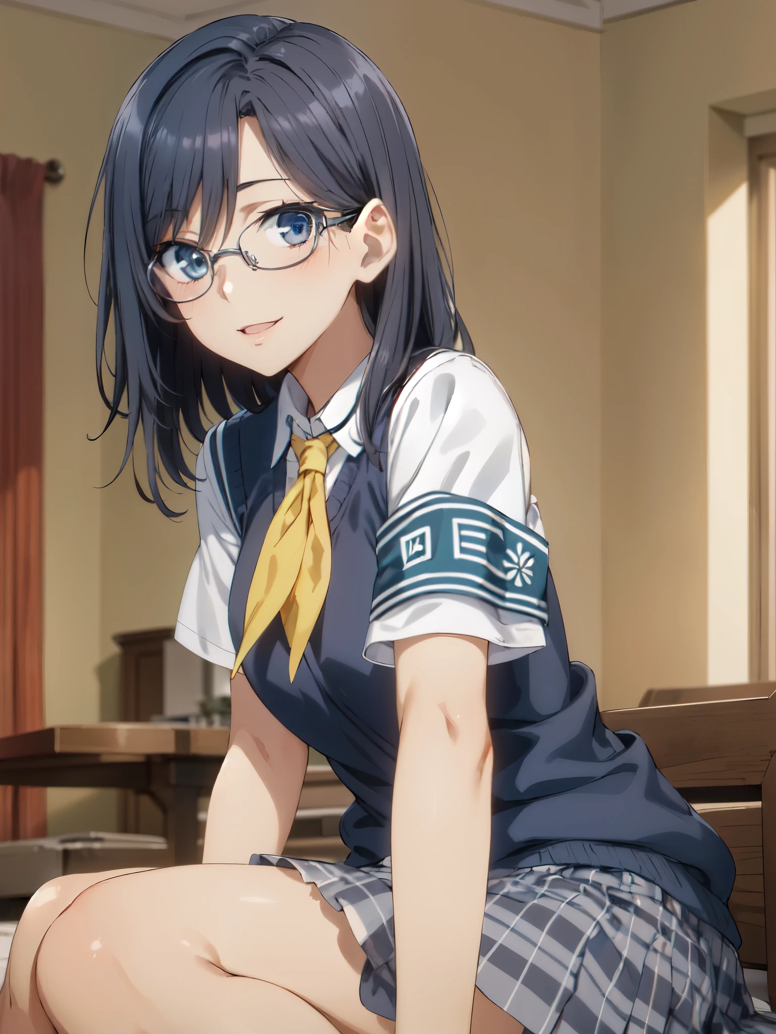 masterpiece, highest quality, High resolution, morning, short hair, black hair, blue eyes, Glasses, , yellow neckerchief, collared shirt, sweater vest, (Blue Vest:1.2), short sleeve, armband, plaid skirt, gray skirt, indoors, sitting, smile, open your mouth, wave hands