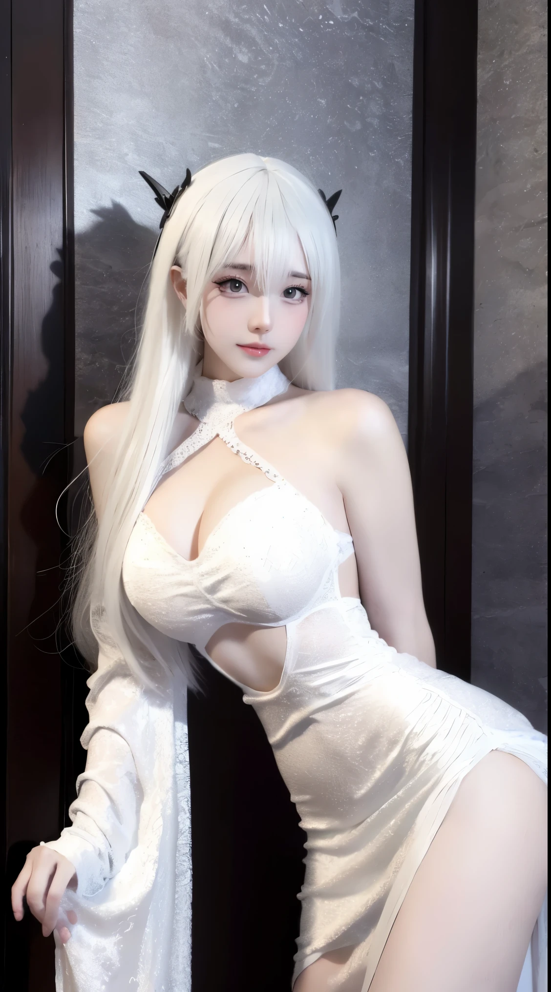 masterpiece, best quality, Surreal, Super detailed, 8K resolution, original photo, sharp focus, (1 girl), alone, gorgeous face, Perfect body, adult, 22 years old,  white hair, Mecha, White wedding dress, stand，whole body, Sexy, full stature, ish, ish light