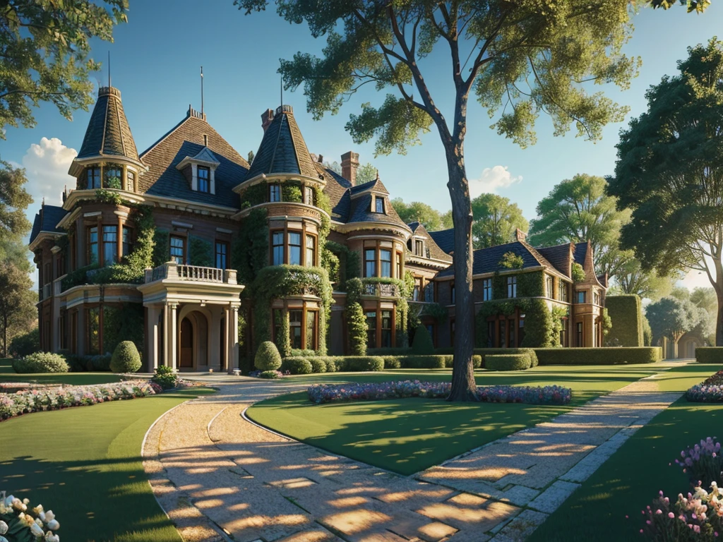 (photorealism), (Best quality, masterpiece, Full of details), Mansion with two towers, A lot of trees, Colorful Garden, flower pots, old mansion, White Stone Path, green grass, Blue sky, sunlight, Brown Brick Mansion, Ultra HD