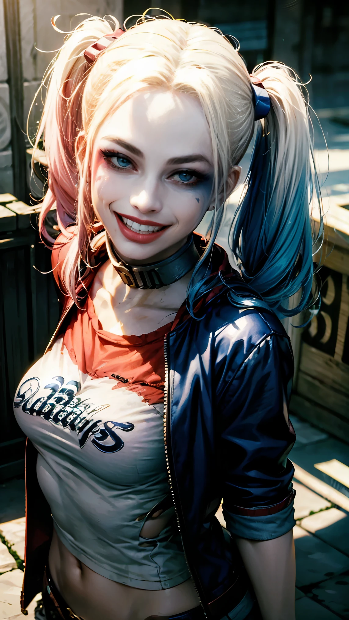 maximum quality、obra-prima、super high resolution、(Photorealistic:1.4)、1 garota、((Harley Quinn)), (garota de corpo inteiro), foto de corpo inteiro, , Cabelo brilhante, cabelo curto, cabelo liso, cabelos brilhantes e limpos, mecha de cabelo na cor rosa, mecha de cabelo na cor azul claro, cabelo no estilo scrunchie、olhos azuis, (maquiagem nos olhos na cor azul claro e vermelho claro), Pele branca e brilhante、(pale skin), (grande sorriso de boca aberta), Garota louca、jaqueta de couro na cor dividida entre vermelho e preta, decote com tecido rendado, tecido de renda no decote, ((sorrindo)), sorriso de boca aberta, sorrindo como louca, boca aberta, ((detalhes super realistas))、Sombra、octane rendering、ultra-afiado、rosto hiper detalhado、Fibra de vidro、Tubo luminoso、detalhes altamente intrincados、Realistic luz、CGSoação Trends、(facing the camera)、neon details、de dia、(luz_sorriso:1.0)