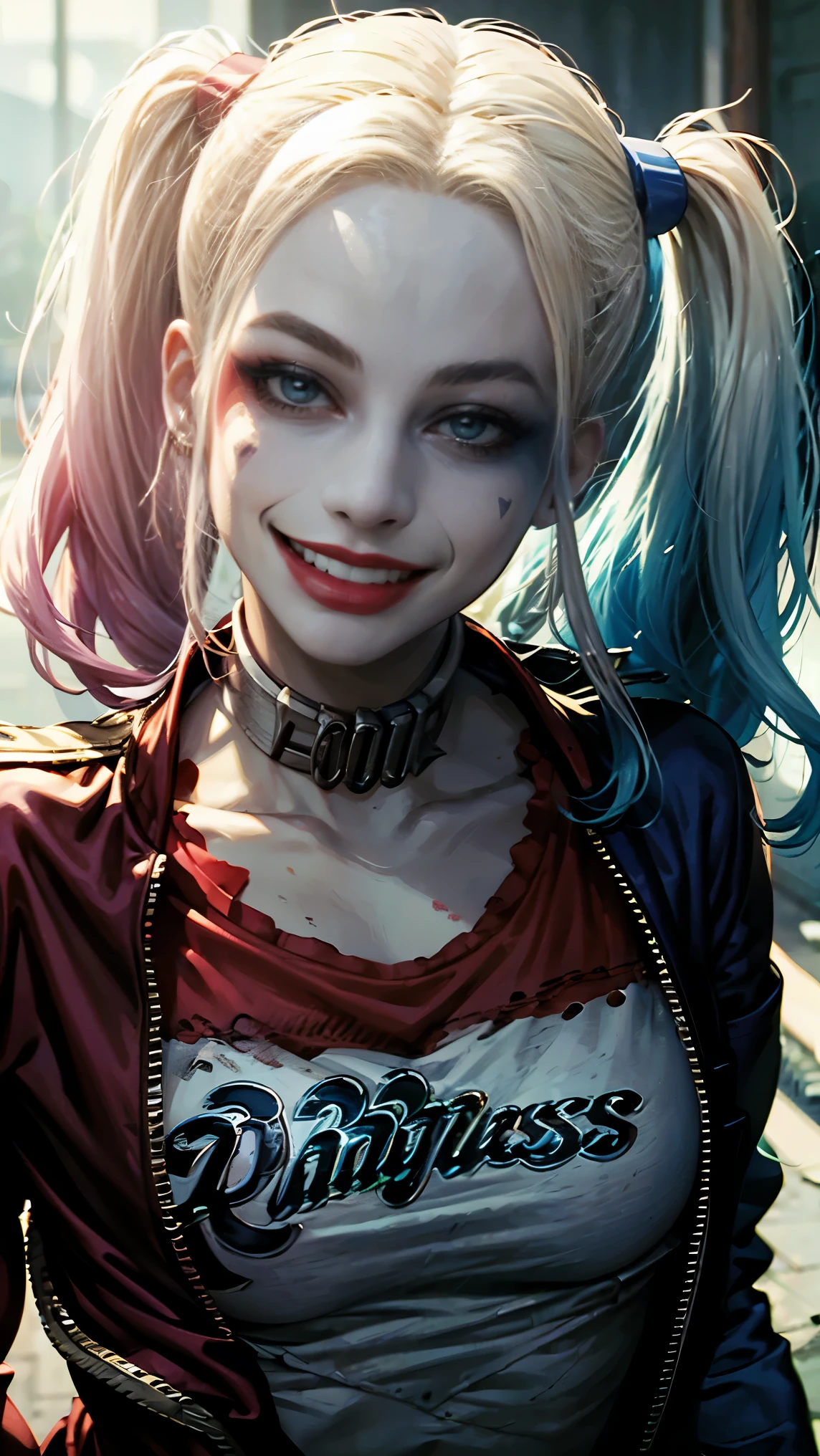 maximum quality、obra-prima、super high resolution、(Photorealistic:1.4)、1 garota、((Harley Quinn)), (garota de corpo inteiro), foto de corpo inteiro, , Cabelo brilhante, cabelo curto, cabelo liso, cabelos brilhantes e limpos, mecha de cabelo na cor rosa, mecha de cabelo na cor azul claro, cabelo no estilo scrunchie、olhos azuis, (maquiagem nos olhos na cor azul claro e vermelho claro), Pele branca e brilhante、(pale skin), (grande sorriso de boca aberta), Garota louca、jaqueta de couro na cor dividida entre vermelho e preta, decote com tecido rendado, tecido de renda no decote, ((sorrindo)), sorriso de boca aberta, sorrindo como louca, boca aberta, ((detalhes super realistas))、Sombra、octane rendering、ultra-afiado、rosto hiper detalhado、Fibra de vidro、Tubo luminoso、detalhes altamente intrincados、Realistic luz、CGSoação Trends、(facing the camera)、neon details、de dia、(luz_sorriso:1.0)