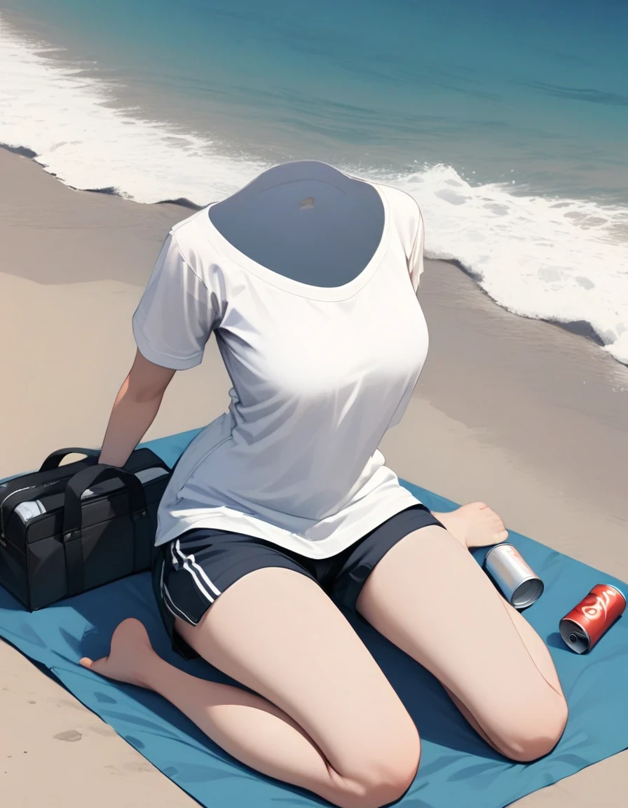 (没have人:1.5),masterpiece, best quality, beach, sitting on a beach towel,  Glasses, t-shirt, shorts, have,  summer, soda can, Bag