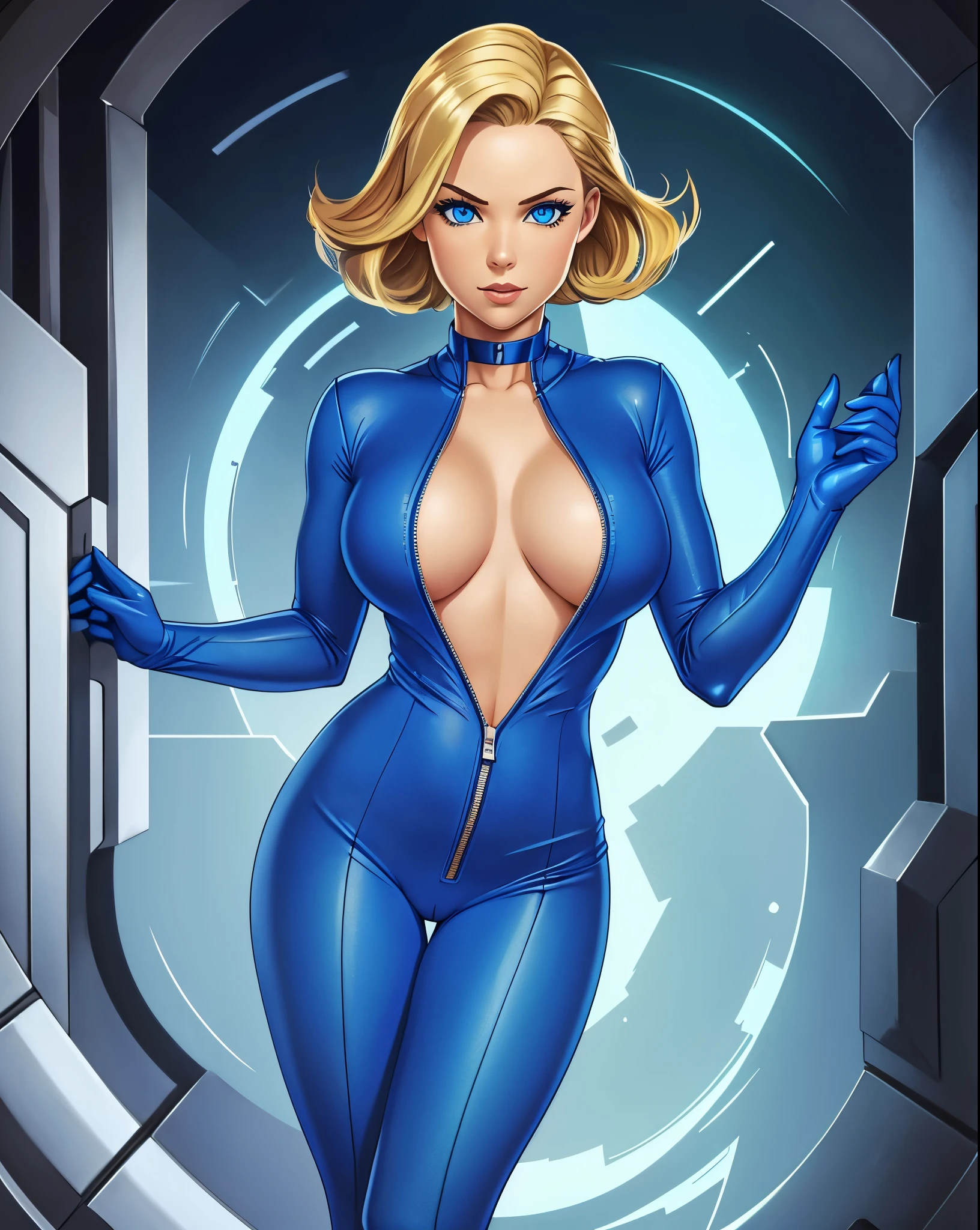 vault girl, blue body stocking. full body shot, female,deep vneck, cleavage, navel, unzipped, green eyes, cameltoe, blonde hair, pale blue eyes, wide hips