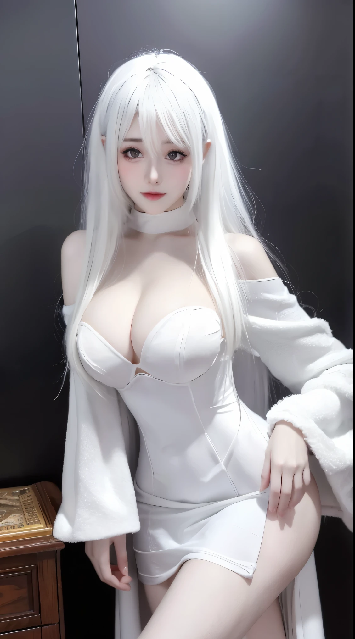 masterpiece, best quality, Surreal, Super detailed, 8K resolution, original photo, sharp focus, (1 girl), alone, gorgeous face, Perfect body, adult, 22 years old,  white hair, Mecha, White wedding dress, stand，whole body, Sexy, full stature, ish, ish light