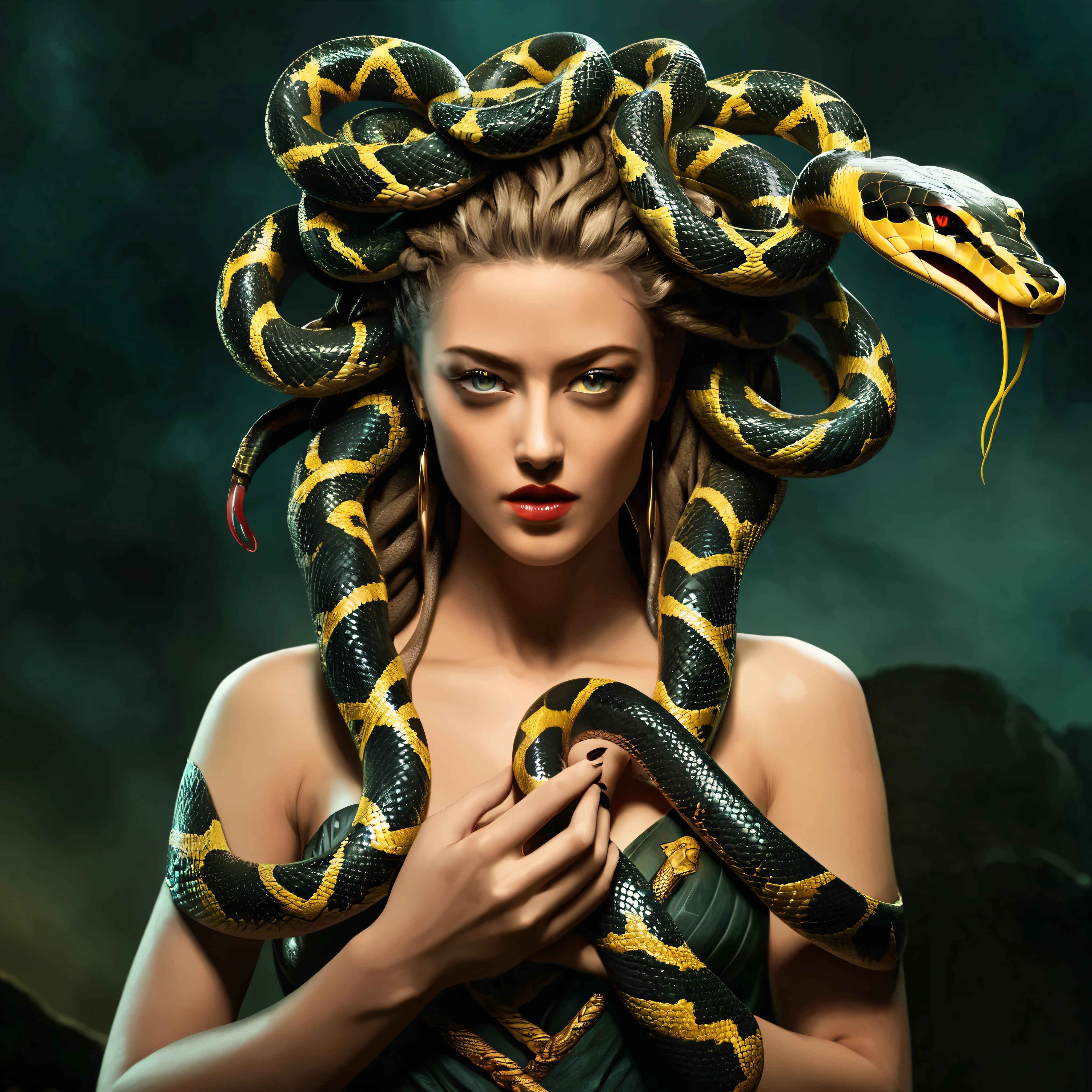 Looks like Amber Heard, fierce looks, fiery and glowing eyes, Dark Fantasy Art of Medusa a woman with snake dreads holding a snake In Greek mythology, Medusa, also called Gorgo, a human female with living venomous snakes in place of hair, dark, moody, dark fantasy style
