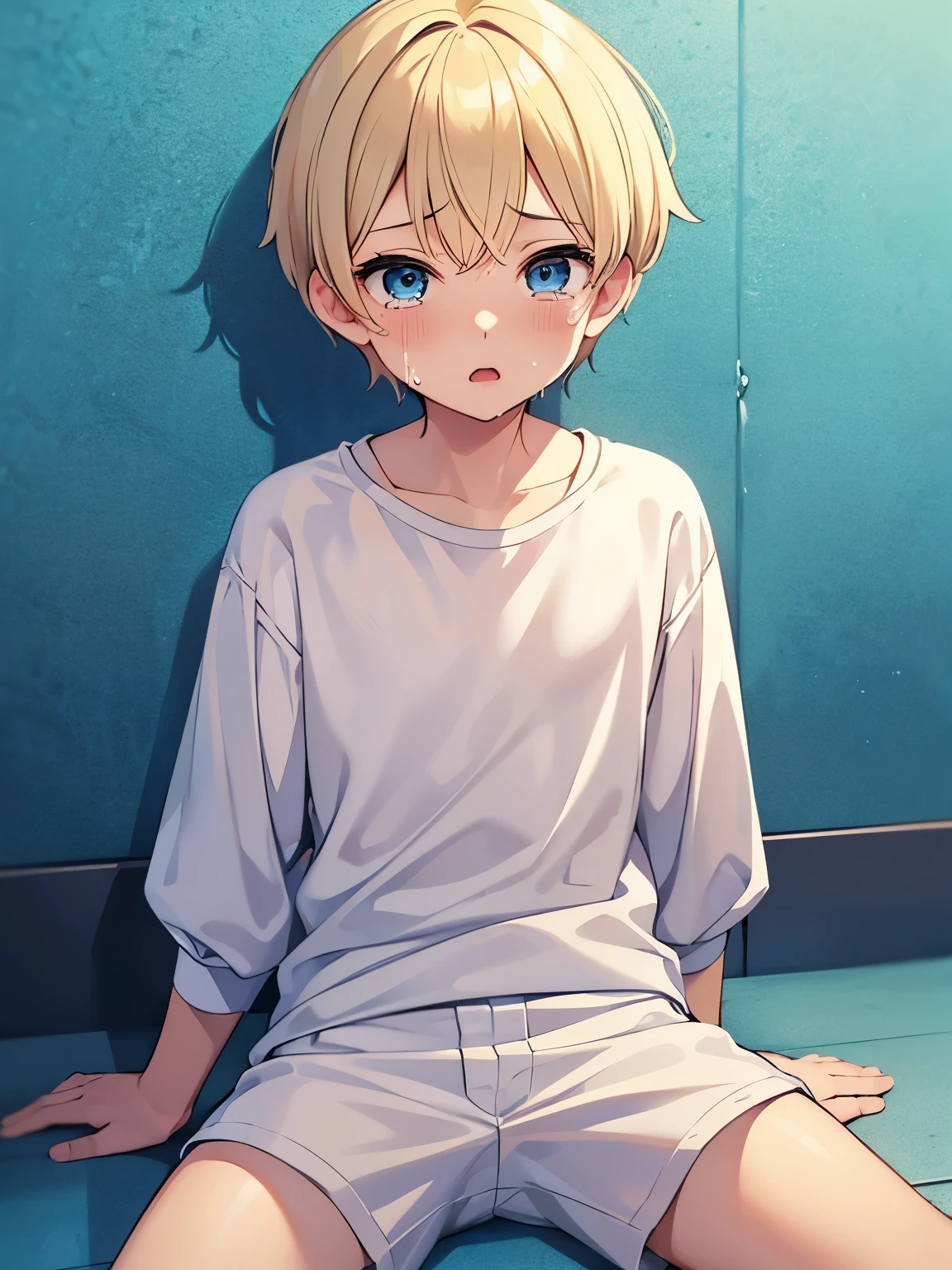 Baby boy,guy,1 years old,head tilt,Short blonde hair, pixie cut,blue eyes, super cute, very cute, wearing White long sleeve t-shirt, white shorts, Plain t-shirt,Sitting in prison