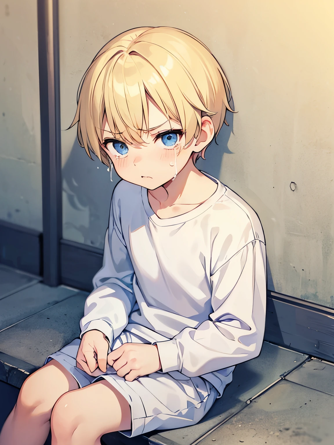 boy,guy,1 yearrt blonde hair, pixie cut,blue eyes, super cute, very cute, wearing White long sleeve t-shirt, white shorts, Plain t-shirt,Very angry expression, crying,Sitting in prison