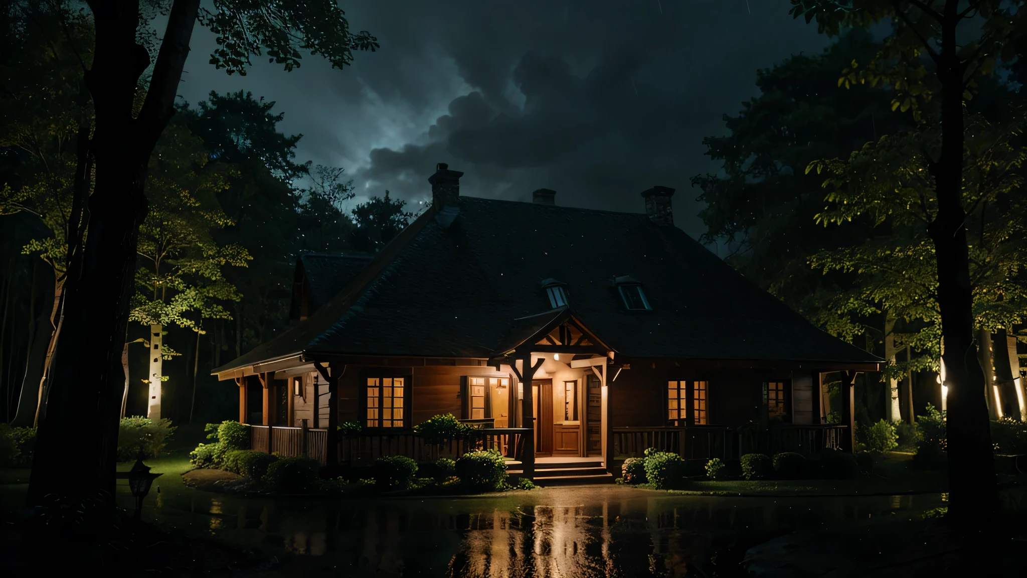 Cozy Enchanted Forest Villa at night, Rain