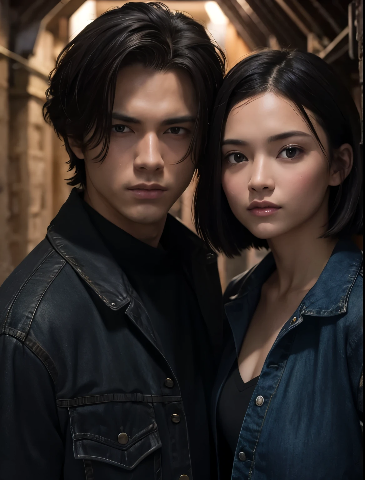 A handsome man and a beautiful woman. eighteen. The man has short black hair. The woman has light brown hair. Both are wearing jeans. Both of them are looking at the camera with serious expressions. The two of them are inside a dark underground temple. A masterpiece.