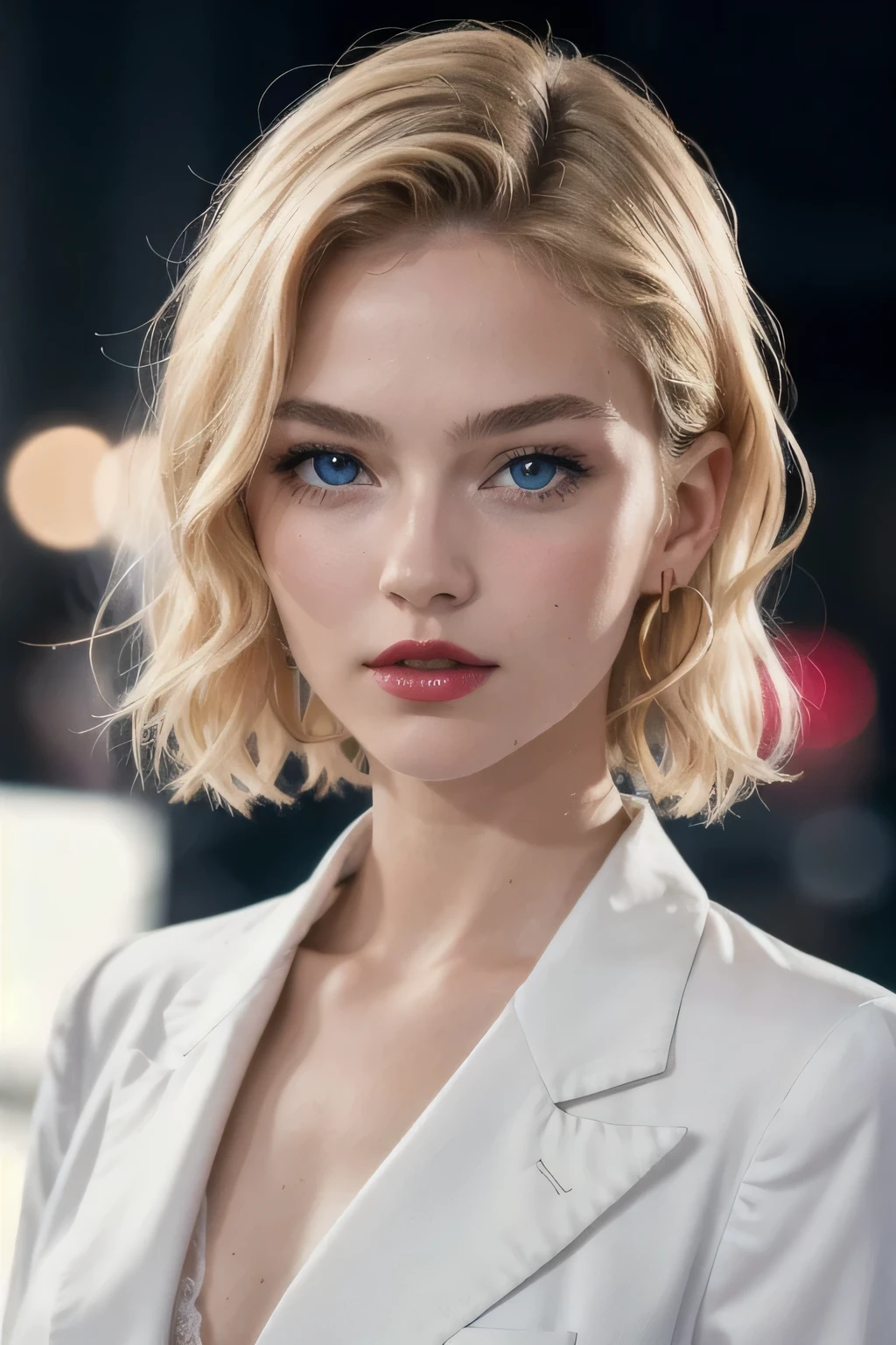 18 year old blonde girl, Her hair is short and wavy, Her upper body, picture , Intense focus,Light on the face, Beautiful blue eyes, Cinema Lighting,Formal wear, Cherry red lips