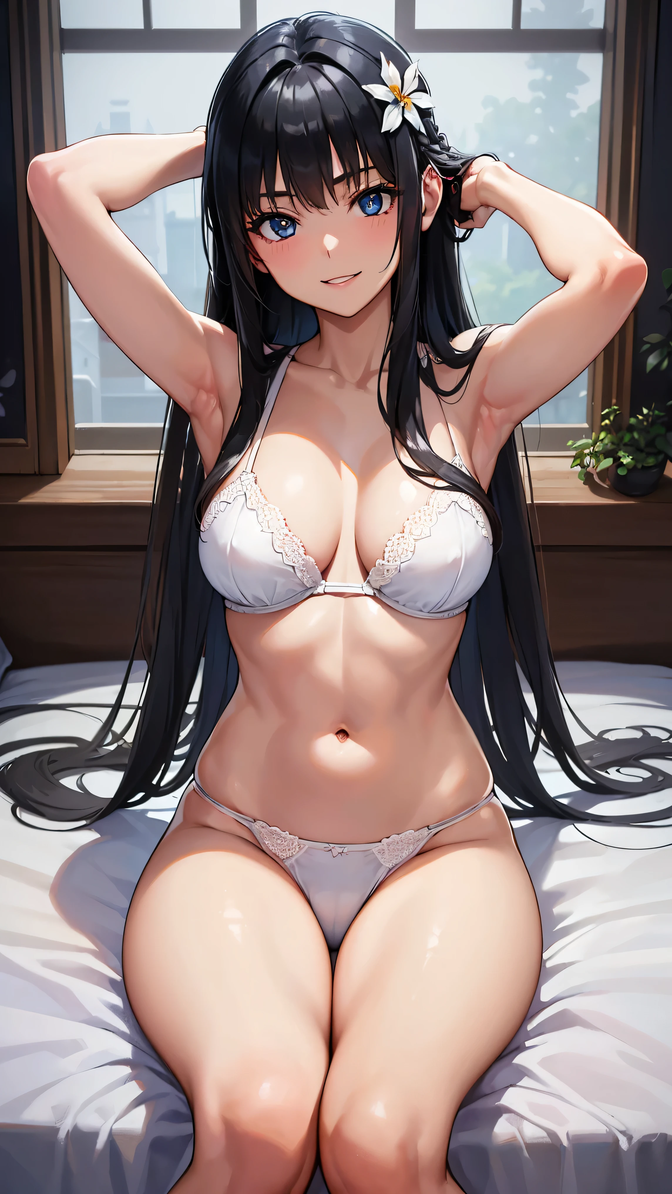 (Perfect hands, Perfect Anatomy:1.4), Satin Ruiko, (Hairstyle is a hime-cut:1.5),(Black hair:1.4), Blue eyes,(A dark-haired:1.4),(Long hair:1.4),(Long straight hair:1.4), (Hair Ornament:1.4), (1 white flower decoration:1.4),(Tsurime:1.4),(parted_Lips:1.4),(Cowboy Shot:1.4),(Large breasts:1.4),(Spread legs:1.0),(Hands behind the head:1.4),(best detailed girl:1.4),
(Evil smile:1.4),(Sitting on the edge of the bed),(20yr old:1.3),
(Looking at Viewer:1.3),(View from below:1.1),(White underwear:1.4),(very beautiful pure white underwear:1.4),
(in a house,Bedroom:1.4),
BREAK (hime-cut:1.4),(masterpiece:1.5),(very precise details,Ultra High Resolution:1.4),extremely details CG Unity 8K wallpaper,(Realistic,Photorealsitic,hyper realisitic:1.5),(Curve,Model,Farbe care:1.5),Beautiful breasts,Farbe_aberration,beautiful detailed shadow,Beautiful eyes,Beautiful body,Beautiful skin,beautifull hands,(Aesthetic Anime Eyes:1.4), (The hairstyle is hime-cut:1.5),
(Illustration:0.8), (Beautiful detailed eyes:1.4), extra detailed face, Perfect Lighting, extremely details CG, (Perfect hands, Perfect Anatomy:1.4),