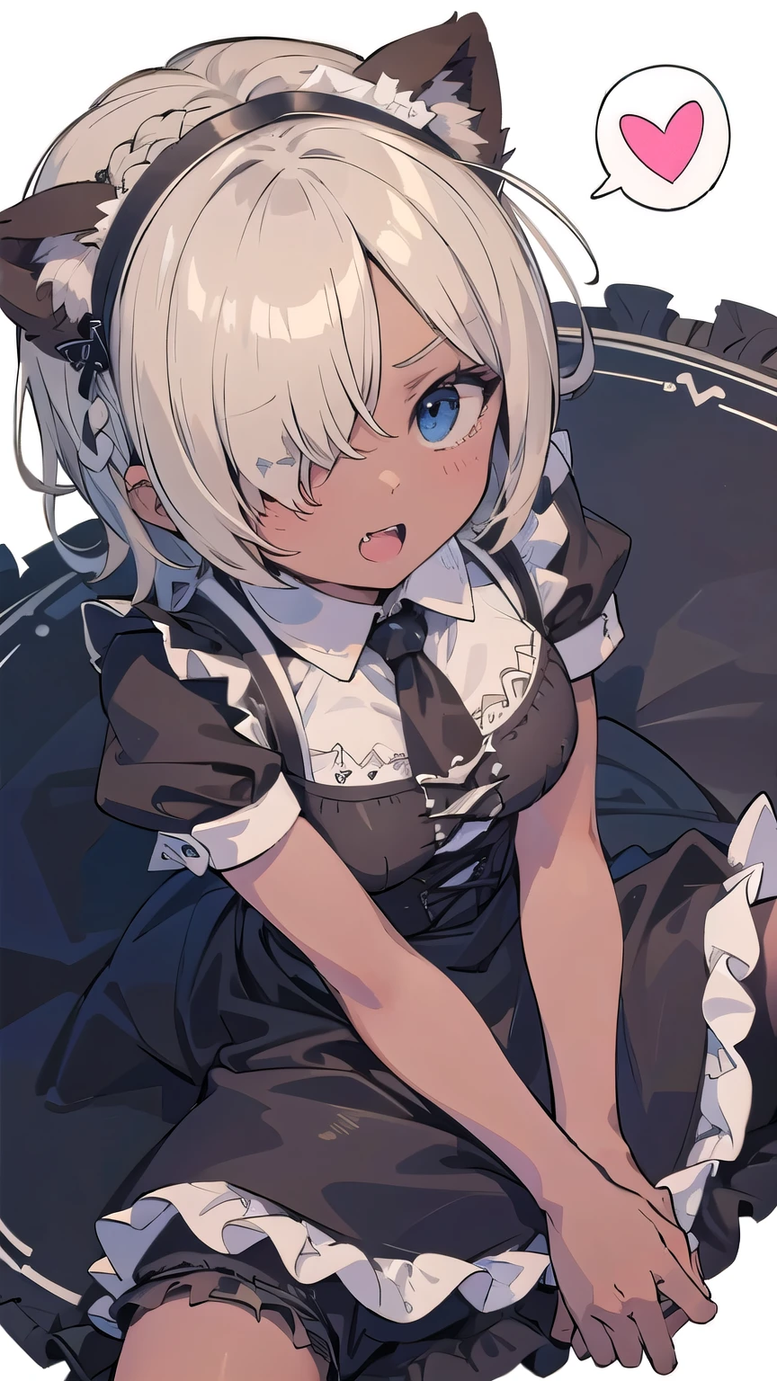 (masterpiece:1.2), (highest quality:1.2), perfect eyes, perfect face, perfect lighting, middle ages, prison, 1 boy,blonde　aqua eye, ((((((hair over one eye)))))), Braid Styles, spiked hair, blunt bangs, bob hair, a braid, Ahoge, ((((gothic maid)))), cute eyes, medium breast, glaring, open mouth, ((from above)), ((front)), arms behind back, wariza, ((spread legs)), orgasm, scared, , ahegao, smile+happy, fang, spoken heart, (((brown skin))),((blowjob face))