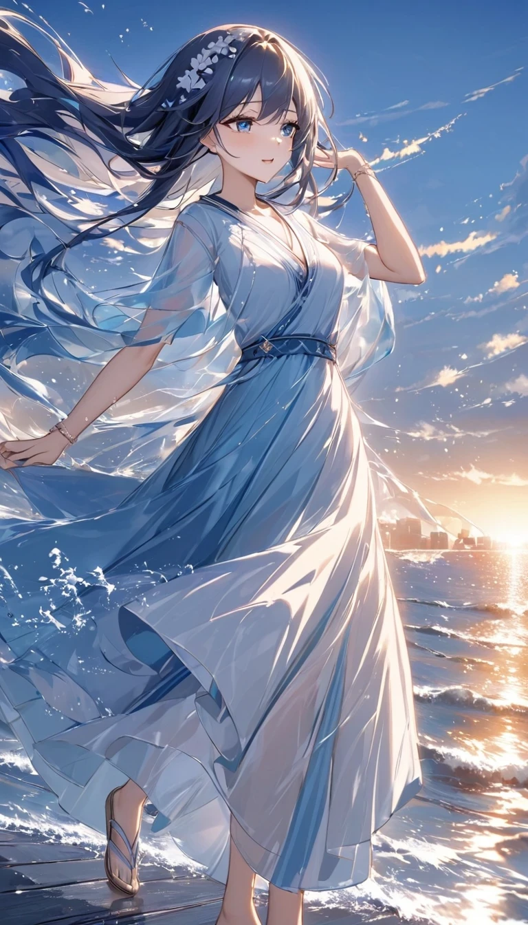 Dancing on the sea is a very beautiful scene，it includes waves、spray、girl、long skirt、Elements like wind and skyline。in this case，The afterglow of the setting sun shines on the sea，映衬着girl的身影。她穿着一条飘逸的long skirt，The sea breeze blows，Follow suit。
The waves gently lap at the shore，Make a pleasant sound。spray随着海浪的节奏跳跃，仿佛在为girl的舞蹈伴奏。girl轻盈地跳着舞，她的long skirt随风飘动，like a blooming flower。
The clouds in the sky were dyed golden by the setting sun，Reflecting the golden light on the sea。The distant skyline outlines a beautiful picture，Intoxicating。