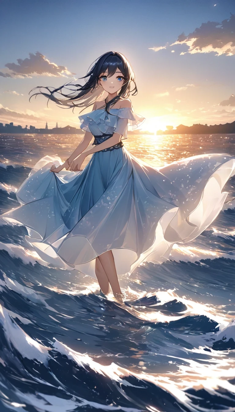 Dancing on the sea is a very beautiful scene,it includes waves、spray、girl、long skirt、Elements like wind and skyline。in this case,The afterglow of the setting sun shines on the sea,映衬着girl的身影。她穿着一条飘逸的long skirt,The sea breeze blows,Follow suit。
The waves gently lap at the shore,Make a pleasant sound。spray随着海浪的节奏跳跃,仿佛在为girl的舞蹈伴奏。girl轻盈地跳着舞,她的long skirt随风飘动,like a blooming flower。
The clouds in the sky were dyed golden by the setting sun,Reflecting the golden light on the sea。The distant skyline outlines a beautiful picture,Intoxicating。