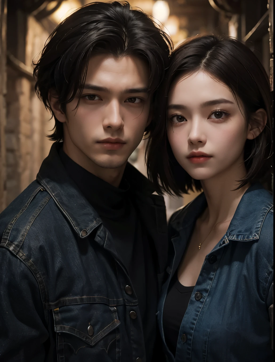 A handsome man and a beautiful woman. eighteen. The man has short black hair. The woman has light brown hair. Both are wearing jeans. Both of them are looking at the camera with serious expressions. The two of them are inside a dark underground temple. A masterpiece.