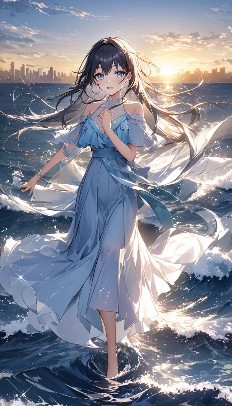 Dancing on the sea is a very beautiful scene，it includes waves、spray、girl、long skirt、Elements like wind and skyline。in this case，The afterglow of the setting sun shines on the sea，映衬着girl的身影。她穿着一条飘逸的long skirt，The sea breeze blows，Follow suit。
The waves gently lap at the shore，Make a pleasant sound。spray随着海浪的节奏跳跃，仿佛在为girl的舞蹈伴奏。girl轻盈地跳着舞，她的long skirt随风飘动，like a blooming flower。
The clouds in the sky were dyed golden by the setting sun，Reflecting the golden light on the sea。The distant skyline outlines a beautiful picture，Intoxicating。