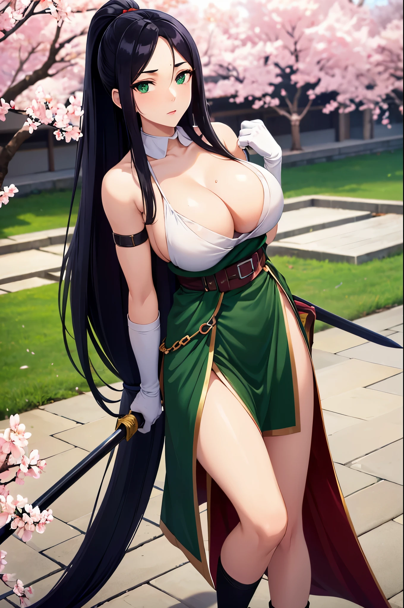 black hair,green eyes,(masterpiece, best quality, ultra detailed, absurdres:1.5), 1girl, (sexy, beautiful woman, perfect face, perfect eyes, perfect female body, large breasts:1.5), (Nariko_DG, very long hair, ponytail, gloves, Belt, armlet, jewelry, tube top, leg warmers, pelvic curtain, skirt, holding sword, ), (standing, outdoors, Japanese dojo in background, cherry blossoms), perfect lighting, smooth, hdr
