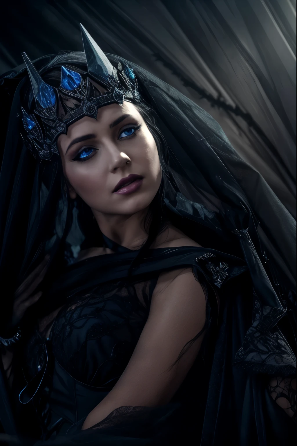 Arafed woman in black dress and crown on blue background, scary queen of death, portrait of the queen of dreams, dark queen ready with blue eyes, Beautiful Vampire Queen, portrait of a gothic princess, Dressed Like a Queen, Queen of Darkness, Queen of the Underworld, portrait of the queen of light, wears a crown, dark queen ready