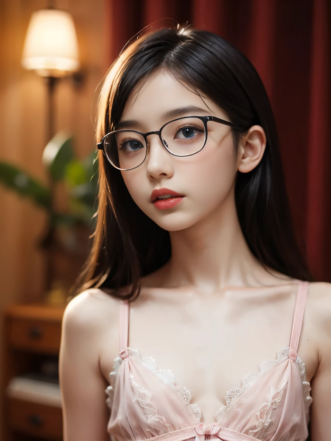 highest quality, RAW Photos, Realistic, face, Incredibly ridiculously beautiful girl, cute, Long Hair,ponytail，Glasses，Depth of written boundary, High resolution, 超detailed, detailed, Very detaileded, extremely detaileded eye and face, Sharp pupils, Realistic students, Sharp focus, Cinema Lighting, flat breasts, small breasts, small,( small bust: 1.2), small bust, (slim, small, flat, small), thin, Delicate and sexy collarbone, (White shirt:1.2), (Lifting ワイシャツ to show off a small white bra:1.5)))，((Esbian all over))，