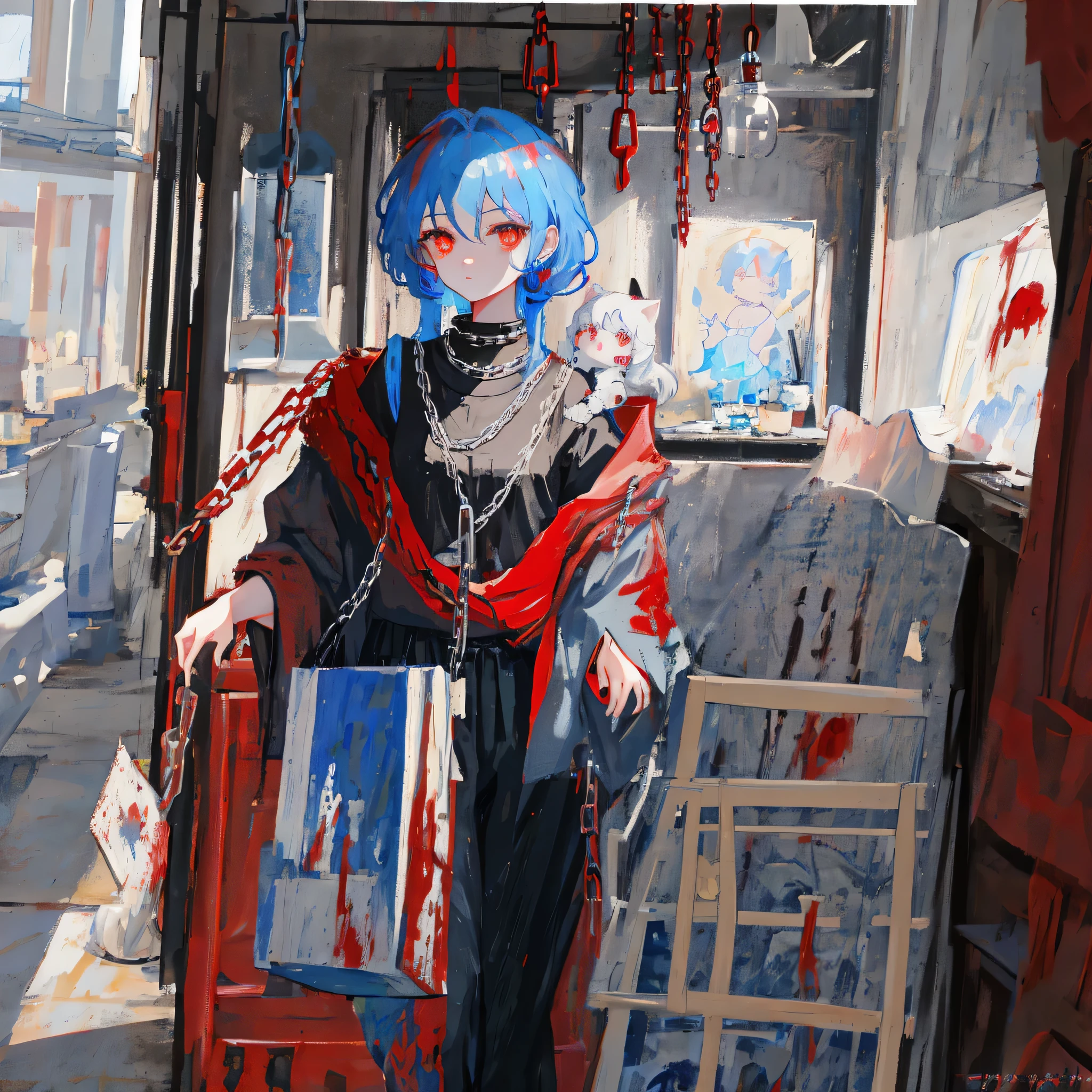 masterpiece, best quality, upper body, 1girl, looking at the viewer, light blue hair, pigtail hair, red eyes, blood, chain, indoor, paintings, drawings, dimly lit