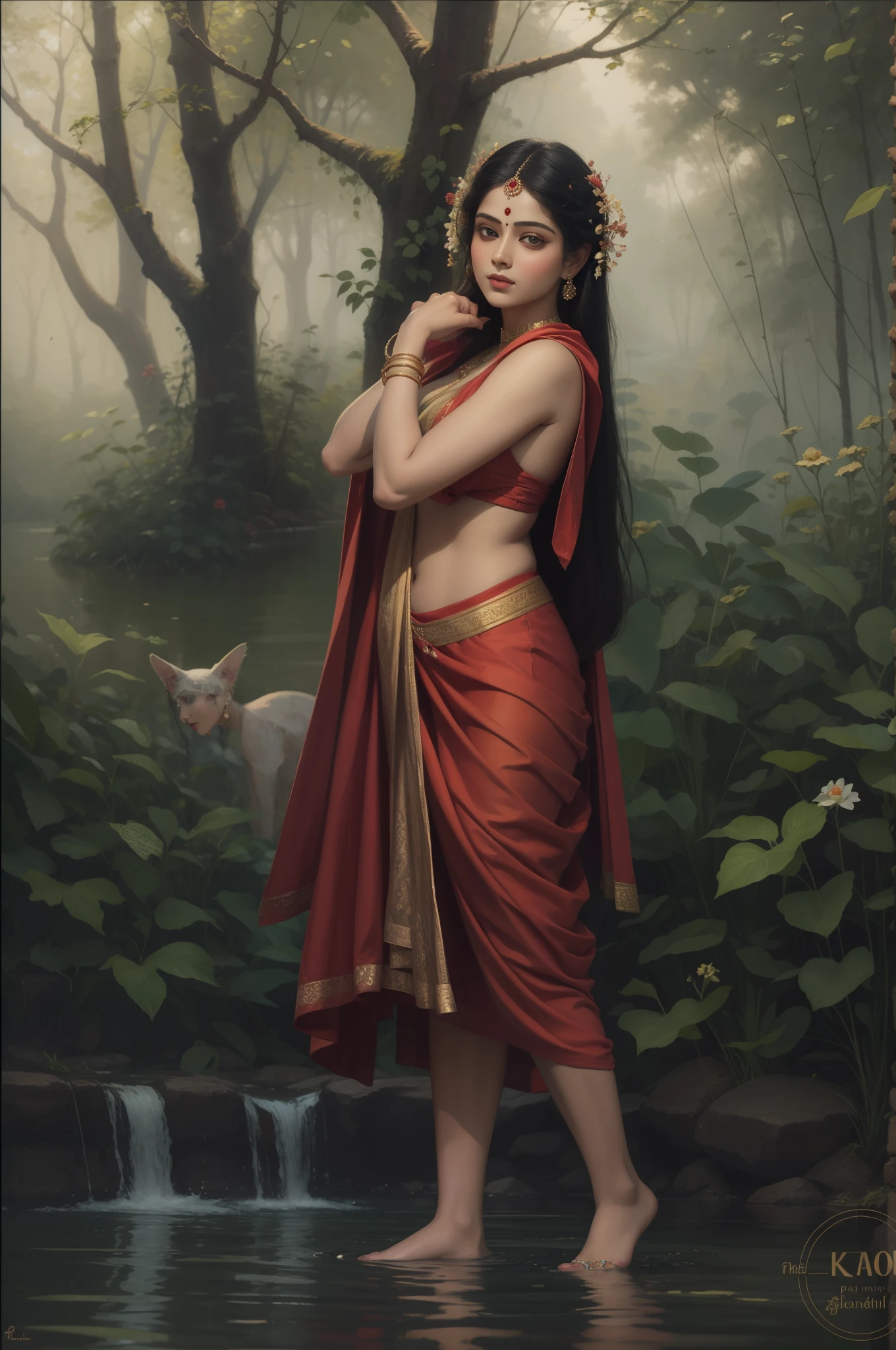 painting of a woman in a red dress standing in a river, inspired by Raja Ravi Varma, by Raja Ravi Varma, inspired by T. K. Padmini, goddess of nature, nature goddess, portrait of a beautiful goddess, godess, indian goddess, beautiful goddess, oil on canvas painting, goddess of beauty, female goddess, the goddess of love