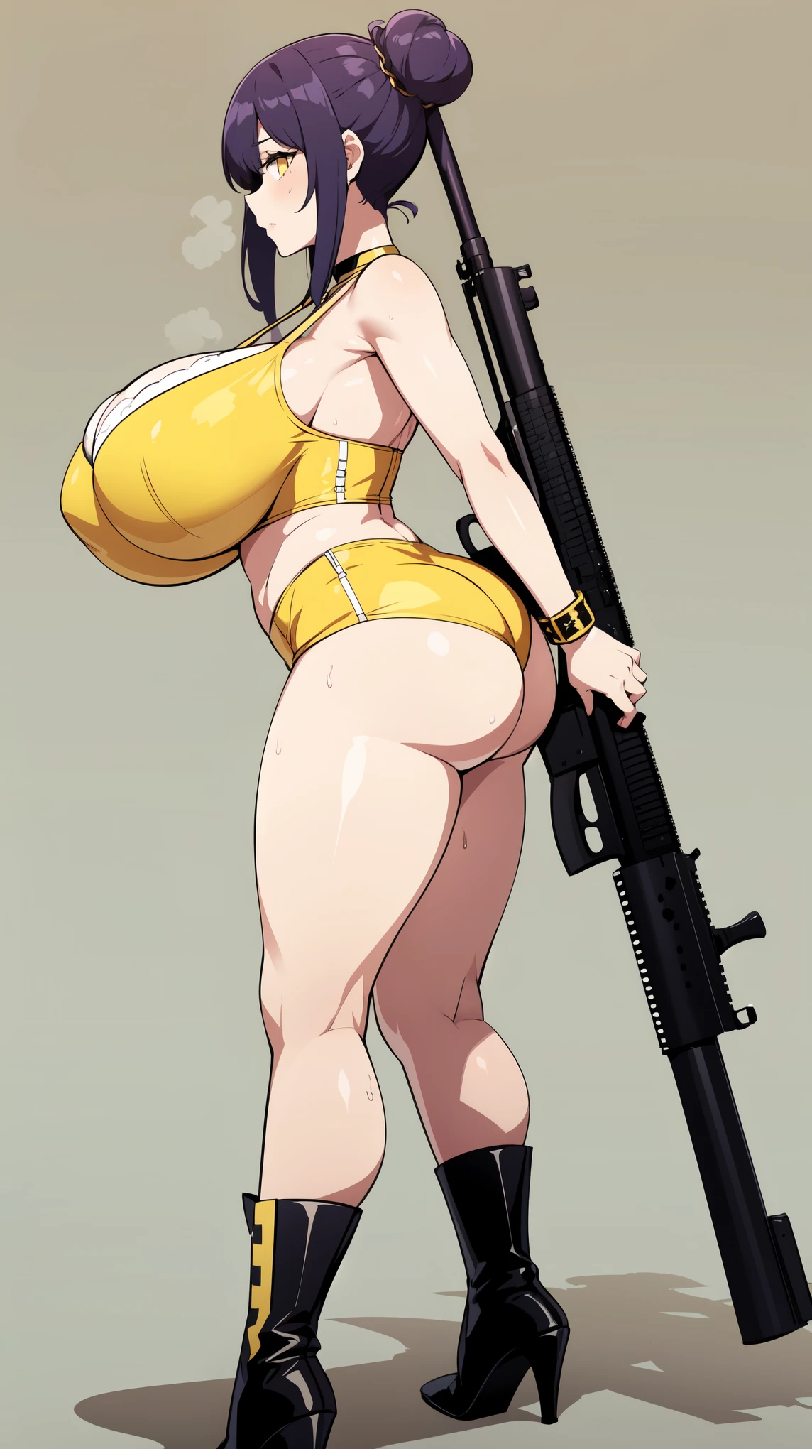 Slime girl, (slime), Slime hair Double buns hair style, Pumpkin Orange, weapon belt, Masterpiece, Best Quality, gigantic breasts, slime girl, slime girl, purple hair, lavender hair, yellow clothes, weapon belt around waistline, rifle, long rifle, AR-15 Rifle, assault rifle, exposed yellow bra, yellow clothing, wearing yellow clothing, fully body view, tight yellow dress, Rifle in hand, mature woman, gorgeous, perverted, sexy, yellow dress, exposed chest, exposed bra, exposed breast, black boots/heels, gold bracelets around wrist, holding rifle, aiming with rifle, tactical stance, tactical gear, sweaty body, long legs, tall woman, lustful yellow eyes, yellow lingerie , Slime girl, (slime), Slime hair Double buns hair style, Pumpkin Orange, weapon belt, Masterpiece, Best Quality, gigantic breasts, slime girl, slime girl, purple hair, lavender hair, yellow clothes, weapon belt around waistline, rifle, long rifle, AR-15 Rifle, assault rifle, exposed yellow bra, yellow clothing, wearing yellow clothing, fully body view, tight yellow dress, Rifle in hand, mature woman, gorgeous, perverted, sexy, yellow dress, exposed chest, exposed bra, exposed breast, black boots/heels, gold bracelets around wrist, holding rifle, aiming with rifle, tactical stance, tactical gear, sweaty body, long legs, tall woman, lustful yellow eyes, yellow lingerie, mature body, mature face, dark purple hair color, purple hair, big butt