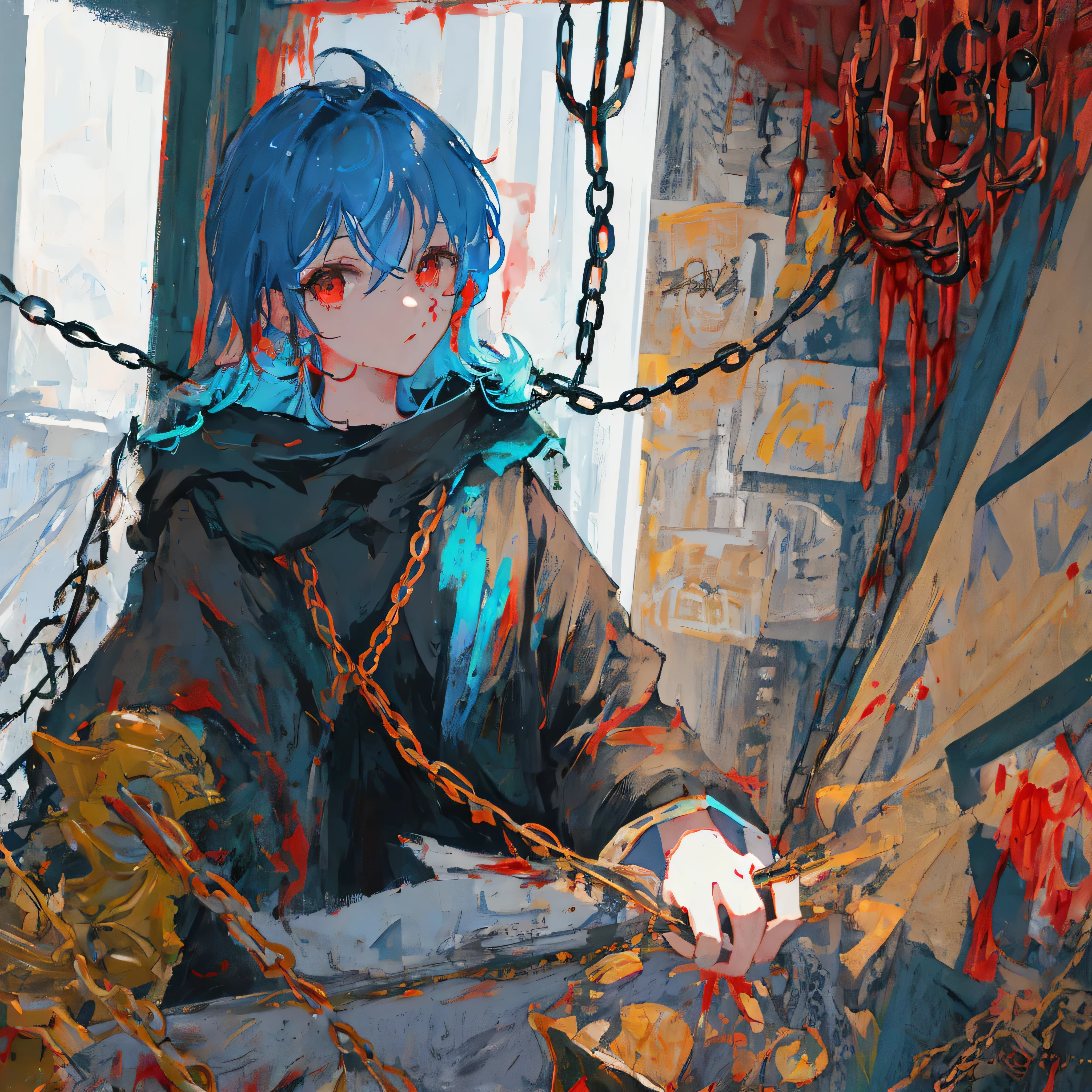 chef-d'artwork, 1 fille, haut du corps, regarde le spectateur, deux tableaux, To L'interior, les yeux rouges, sang, Cheveux bleu layette, chains , beaucoup de détails